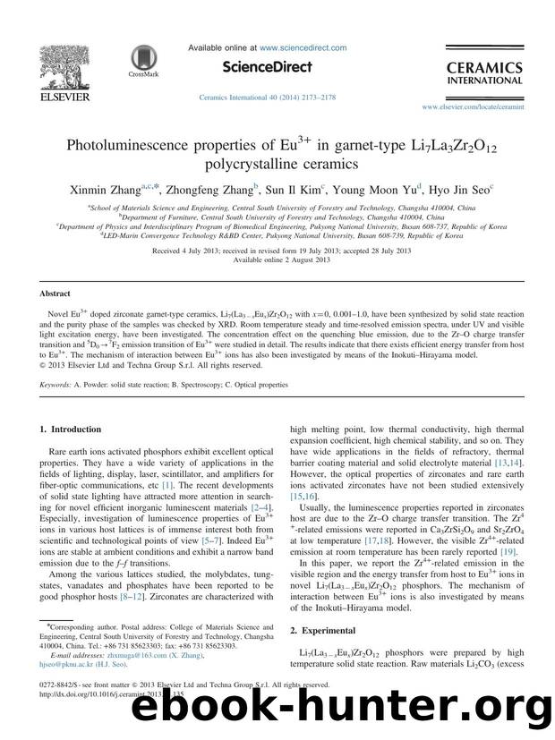 Photoluminescence properties of Eu3+ in garnet-type Li7La3Zr2O12 polycrystalline ceramics by Xinmin Zhang & Zhongfeng Zhang & Sun Il Kim & Young Moon Yu & Hyo Jin Seo