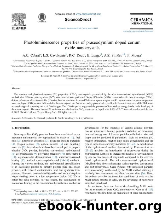 Photoluminescence properties of praseodymium doped cerium oxide nanocrystals by A.C. Cabral & L.S. Cavalcante & R.C. Deus & E. Longo & A.Z. Simões & F. Moura