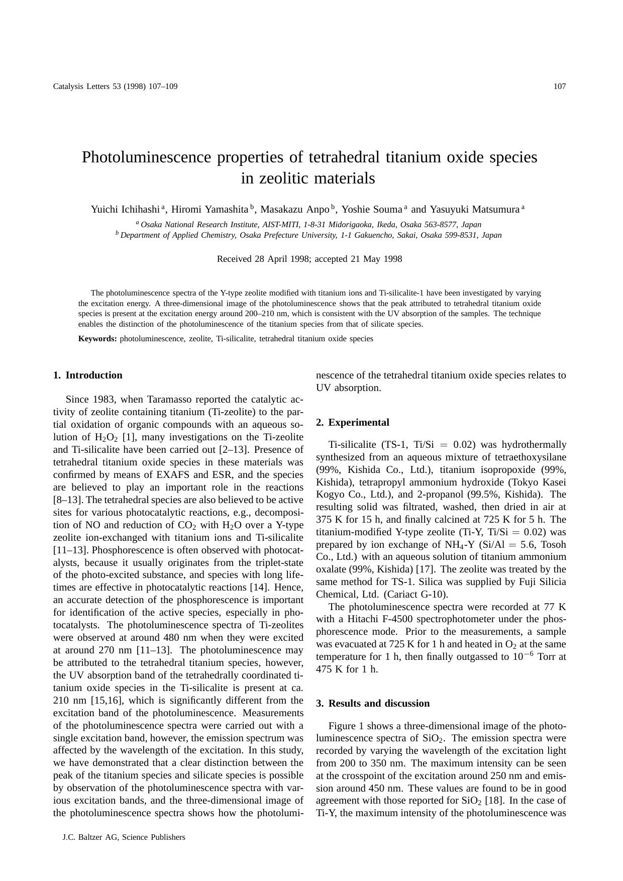 Photoluminescence properties of tetrahedral titanium oxide species in zeolitic materials by Unknown
