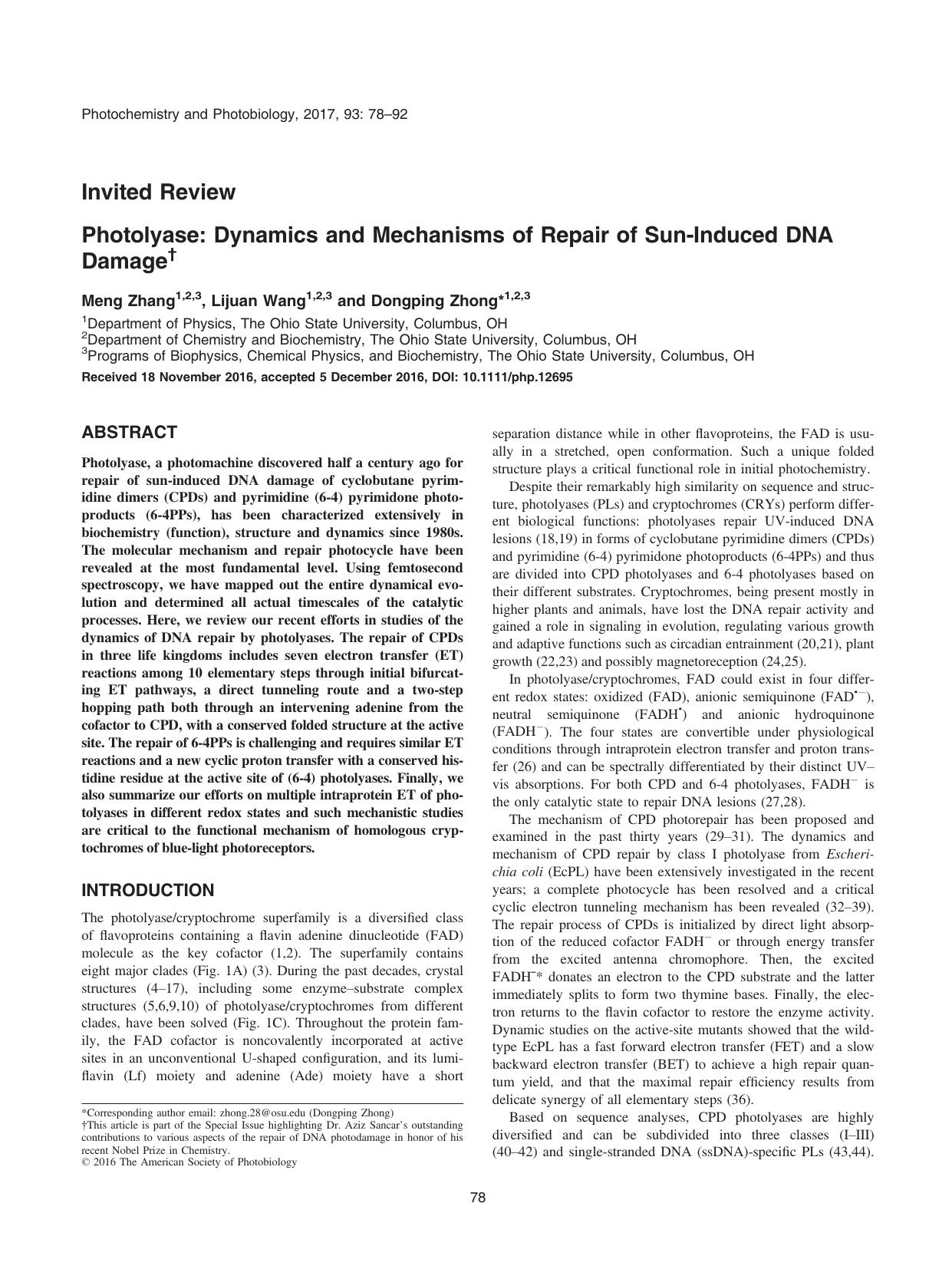 Photolyase: Dynamics and Mechanisms of Repair of SunâInduced DNA Damage by Unknown