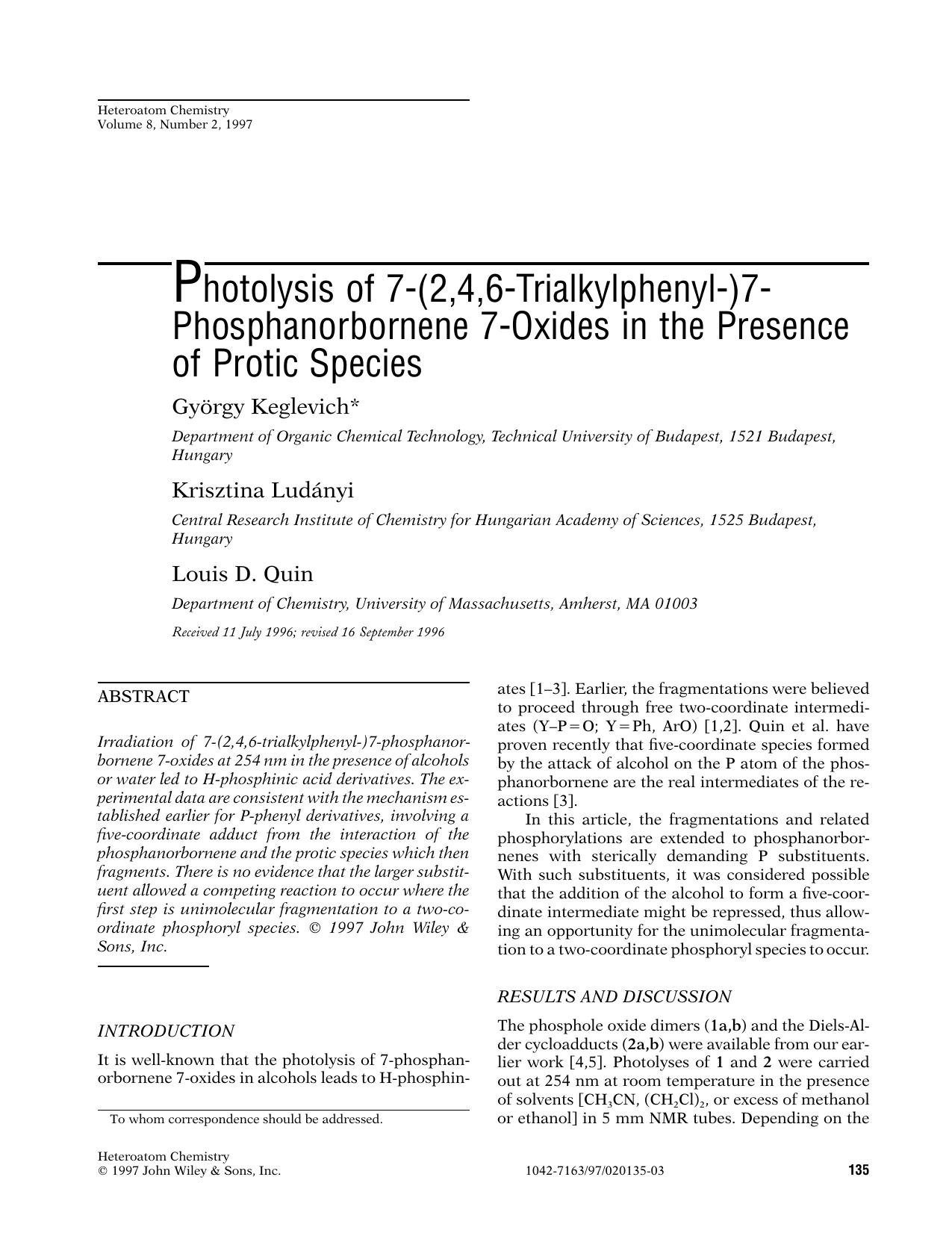 Photolysis of 7-(2,4,6-trialkylphenyl-)7-phosphanorbornene 7-oxides in the presence of protic species by Unknown