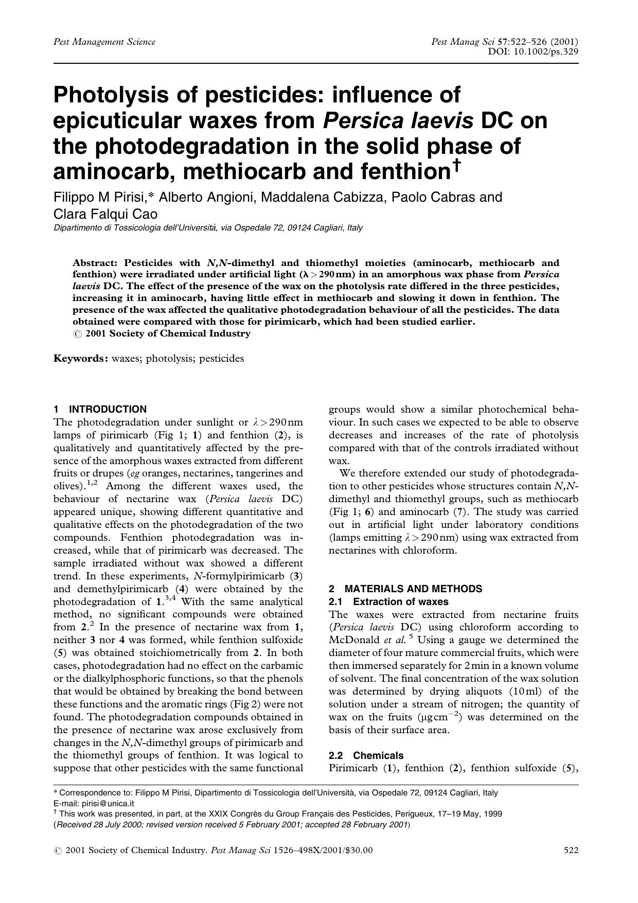 Photolysis of pesticides: influence of epicuticular waxes from Persica laevis DC on the photodegradation in the solid phase of aminocarb, methiocarb and fenthion by Unknown