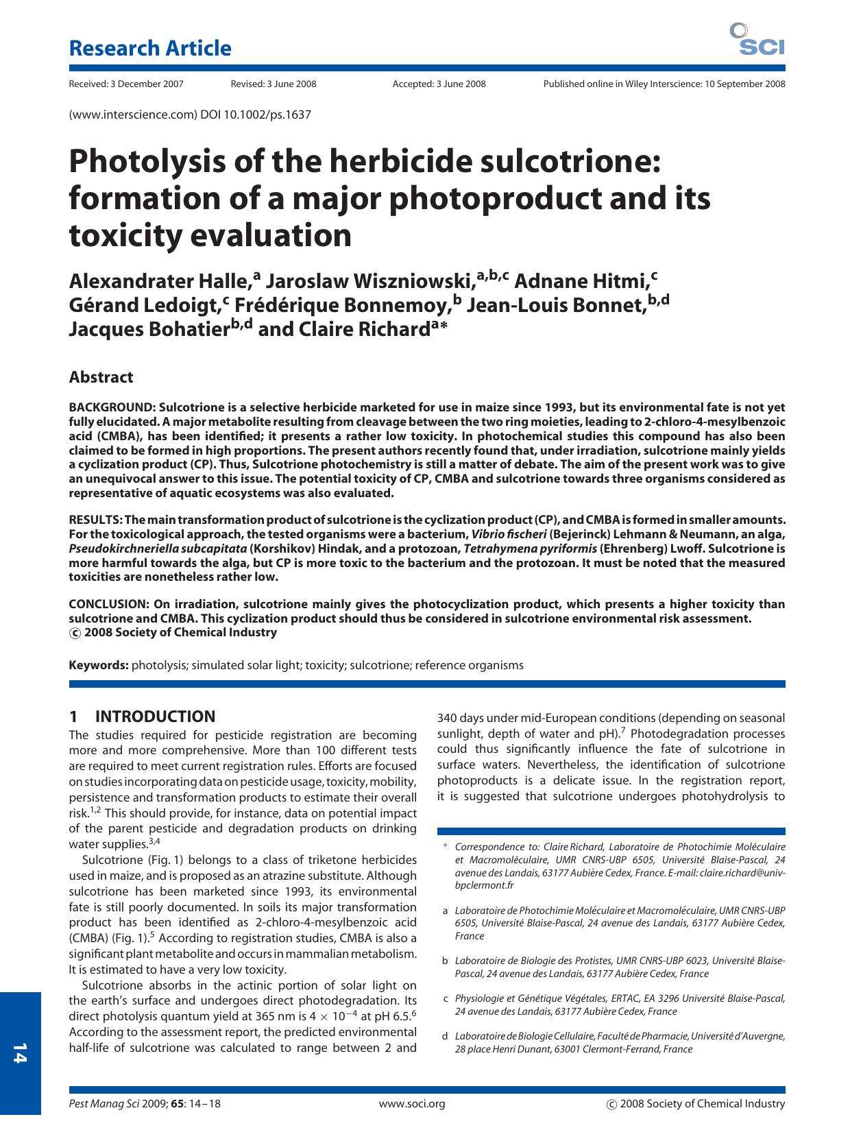 Photolysis of the herbicide sulcotrione: formation of a major photoproduct and its toxicity evaluation by Unknown