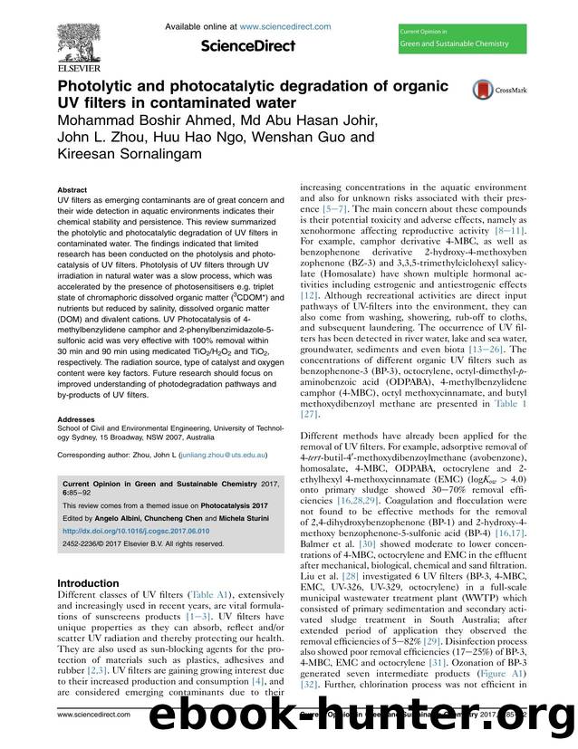 Photolytic and photocatalytic degradation of organic UV filters in contaminated water by unknow
