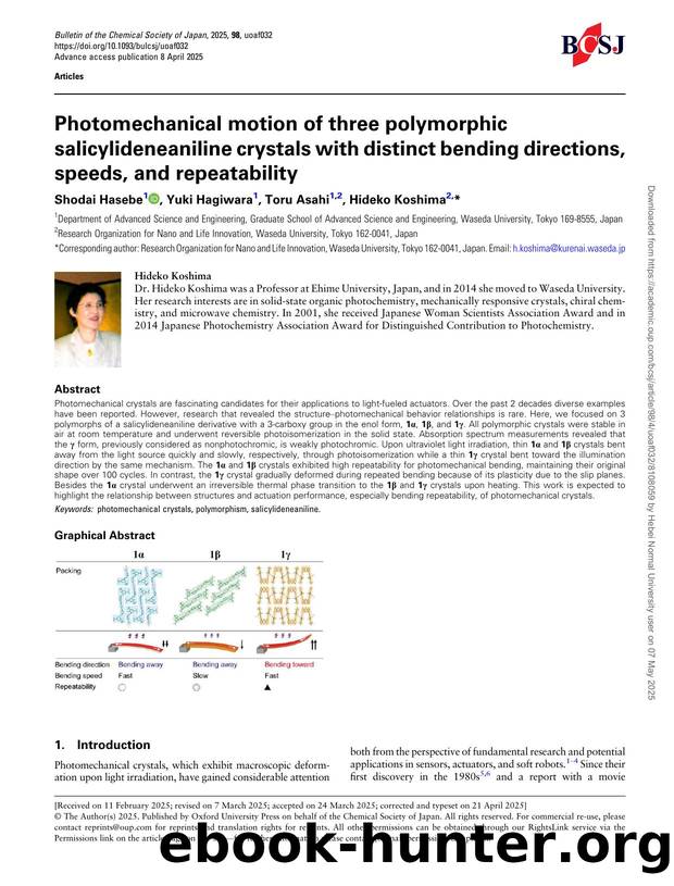 Photomechanical motion of three polymorphic salicylideneaniline crystals with distinct bending directions, speeds, and repeatability by Shodai Hasebe & Yuki Hagiwara & Toru Asahi & Hideko Koshima