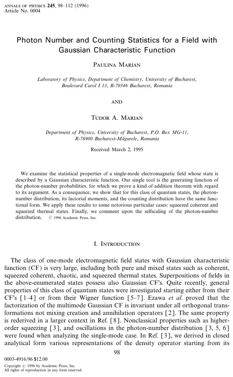 Photon Number and Counting Statistics for a Field with Gaussian Characteristic Function by Paulina Marian and Tudor A. Marian