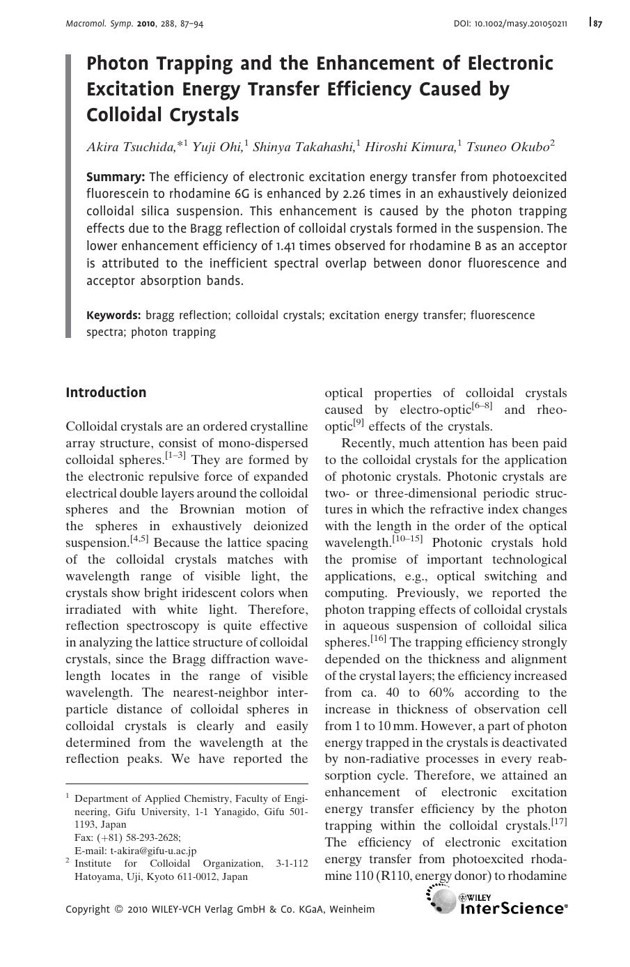 Photon Trapping and the Enhancement of Electronic Excitation Energy Transfer Efficiency Caused by Colloidal Crystals by Unknown