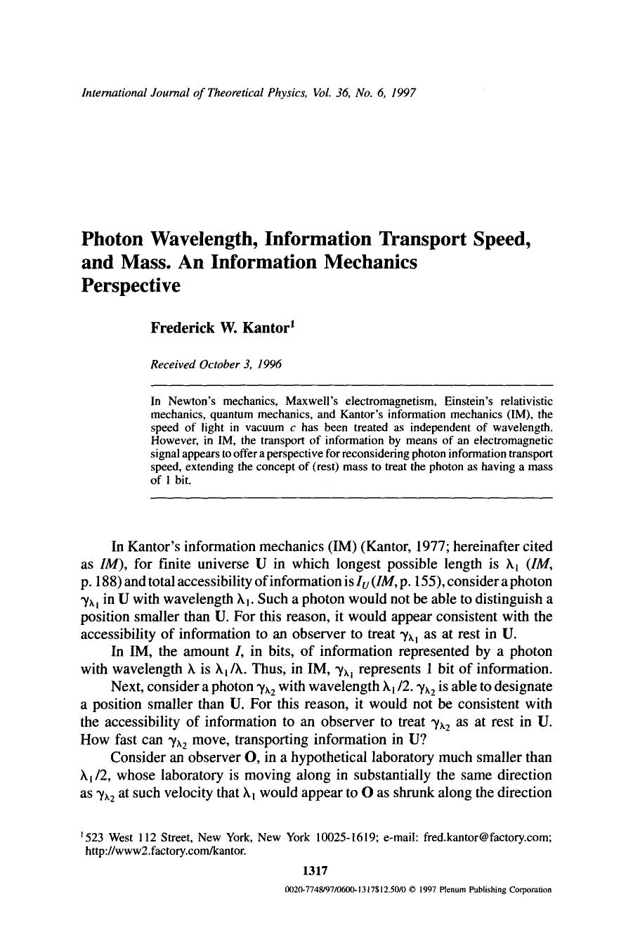 Photon wavelength, information transport speed, and mass. An information mechanics perspective by Unknown