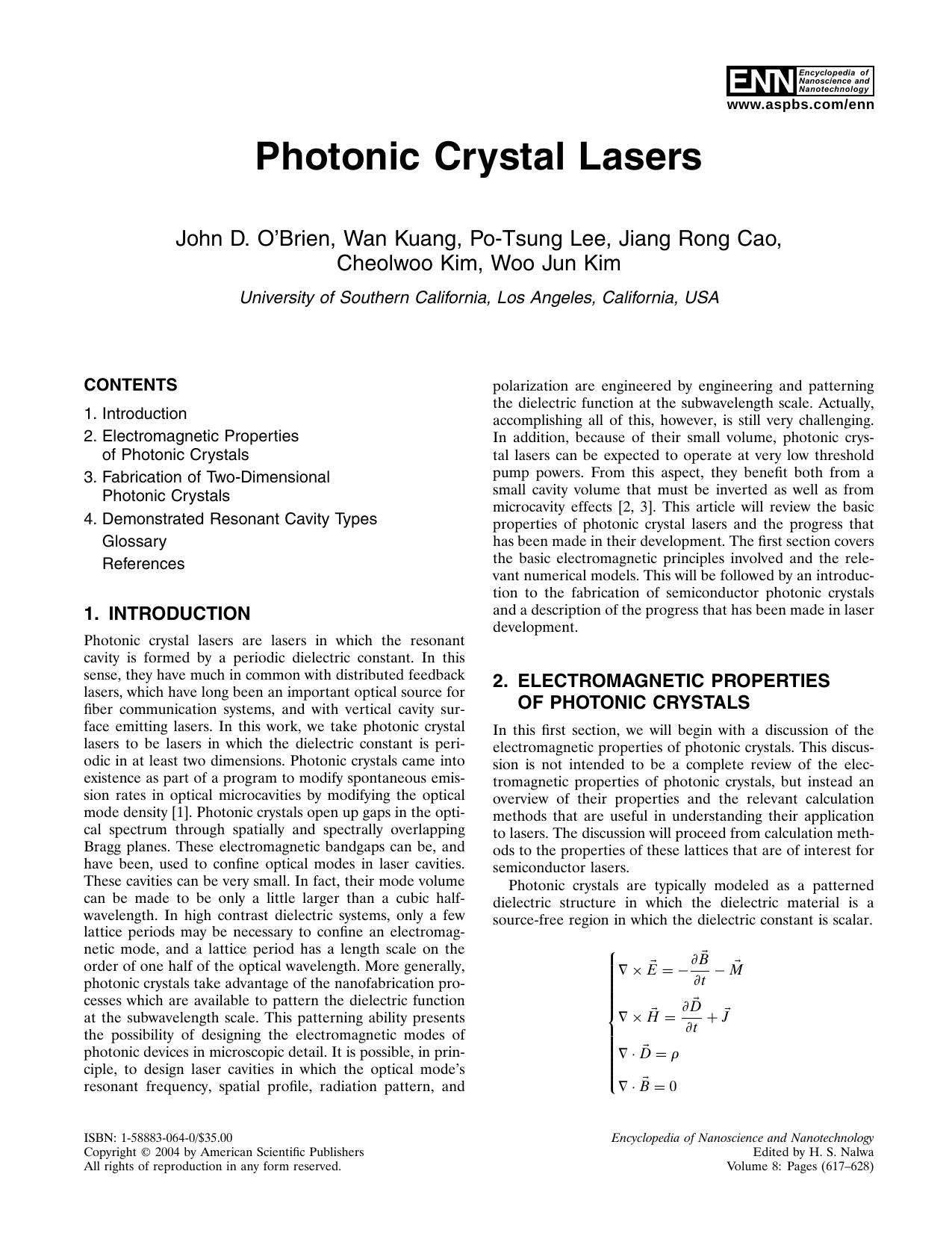 Photonic Crystal Lasers by O'Brien J.D. Kuang W. Lee P.-T