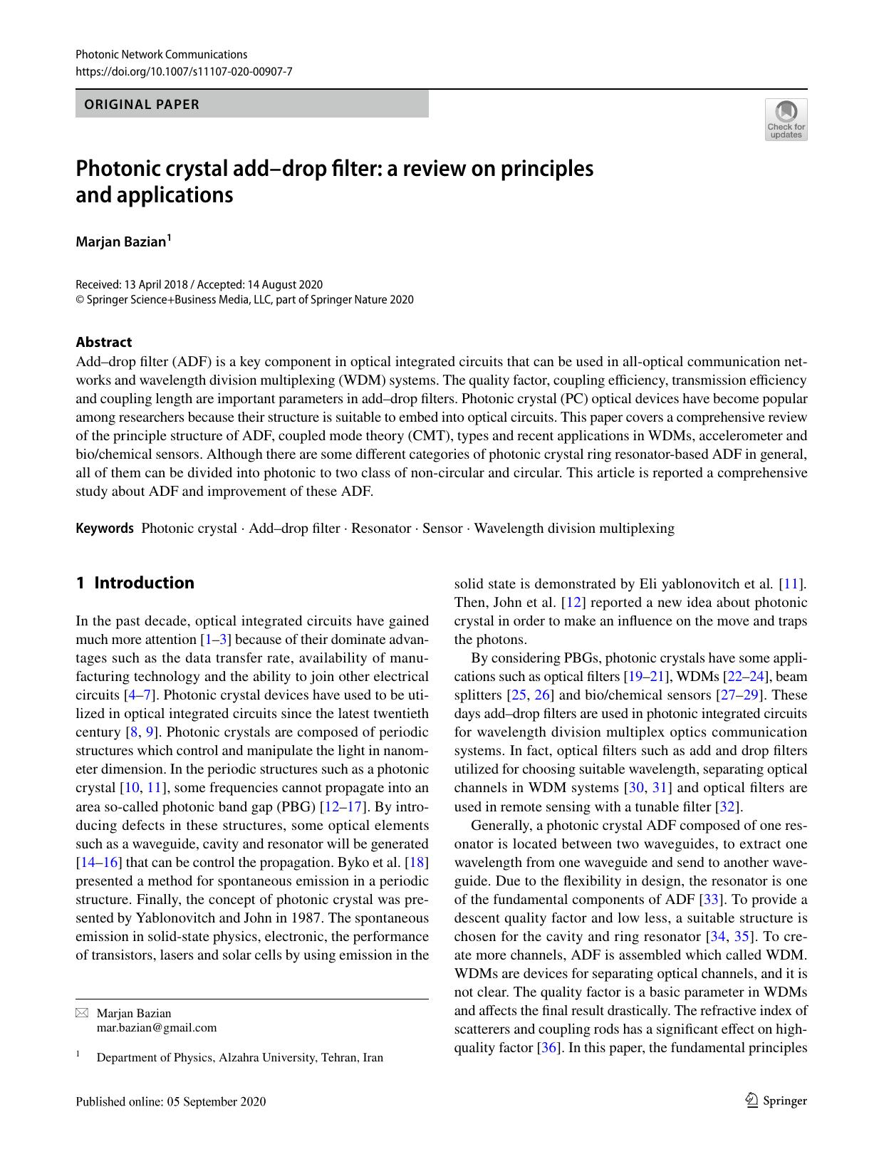 Photonic crystal addâdrop filter: a review on principles and applications by Marjan Bazian