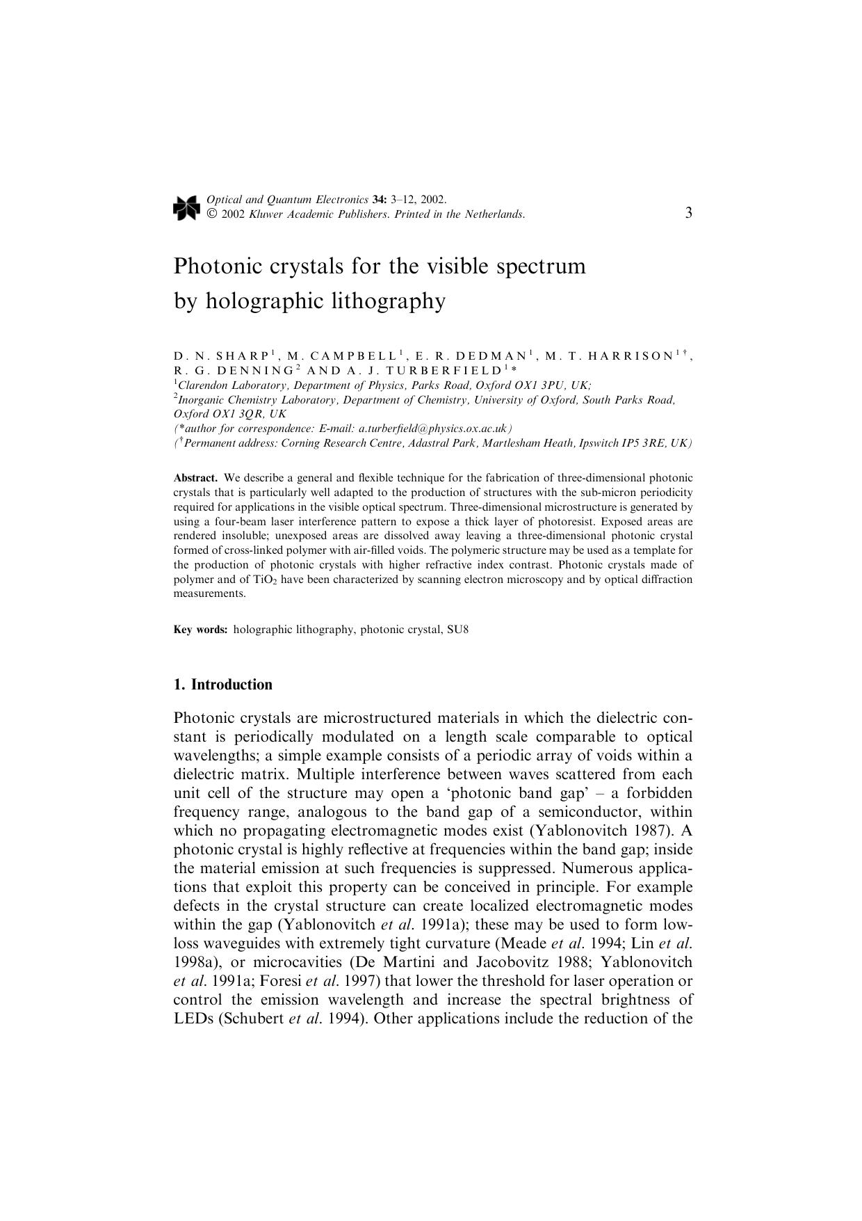 Photonic crystals for the visible spectrum by holographic lithography by Unknown