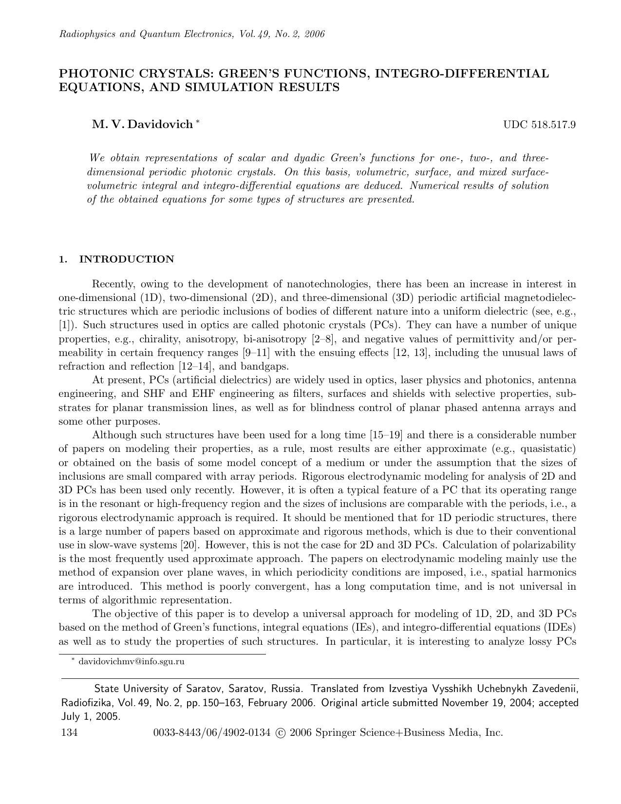 Photonic crystals: Green’s functions, integro-differential equations, and simulation results by Unknown