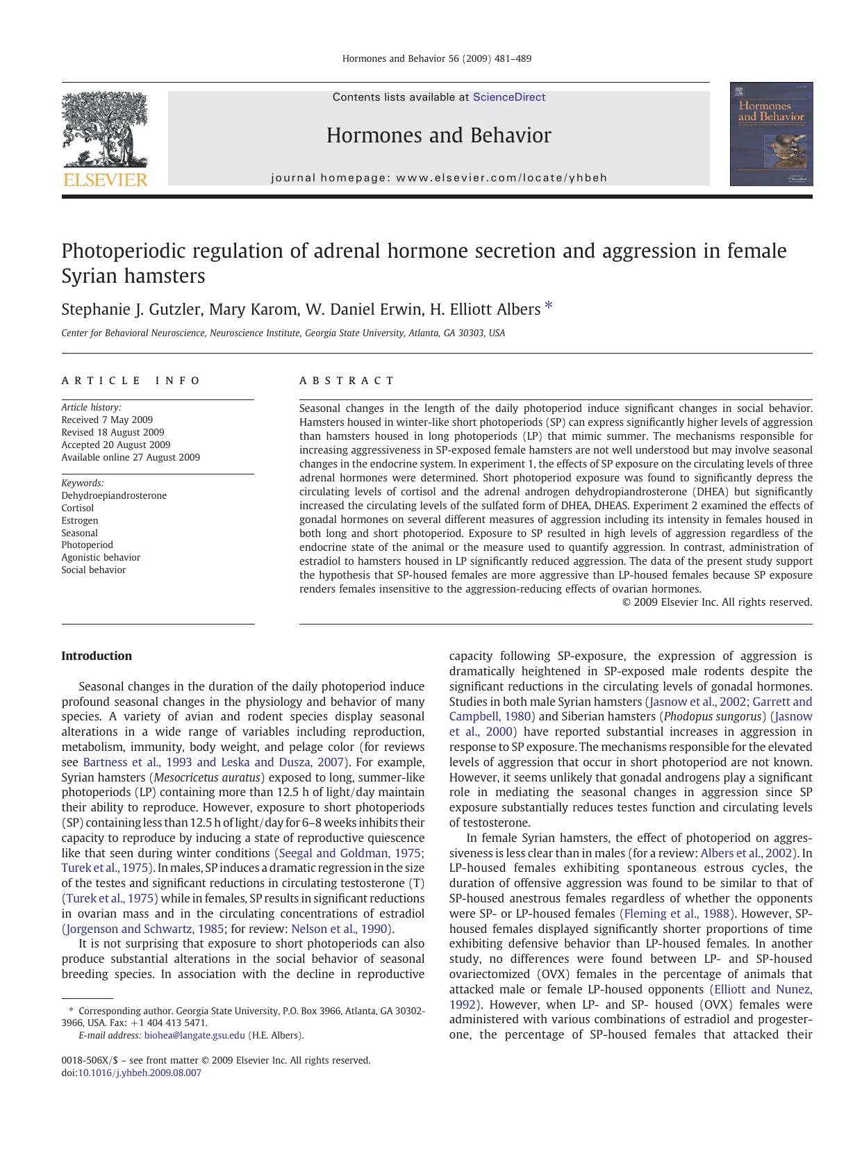 Photoperiodic regulation of adrenal hormone secretion and aggression in female Syrian hamsters by Stephanie J. Gutzler; Mary Karom; W. Daniel Erwin; H. Elliott Albers