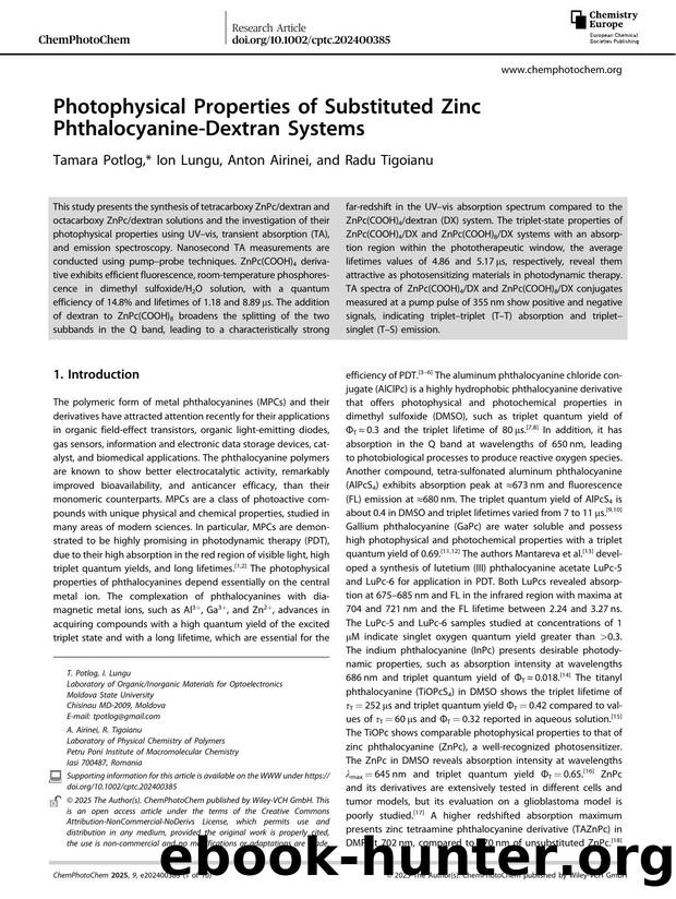 Photophysical Properties of Substituted Zinc PhthalocyanineâDextran Systems by Tamara Potlog & Ion Lungu & Anton Airinei & Radu Tigoianu