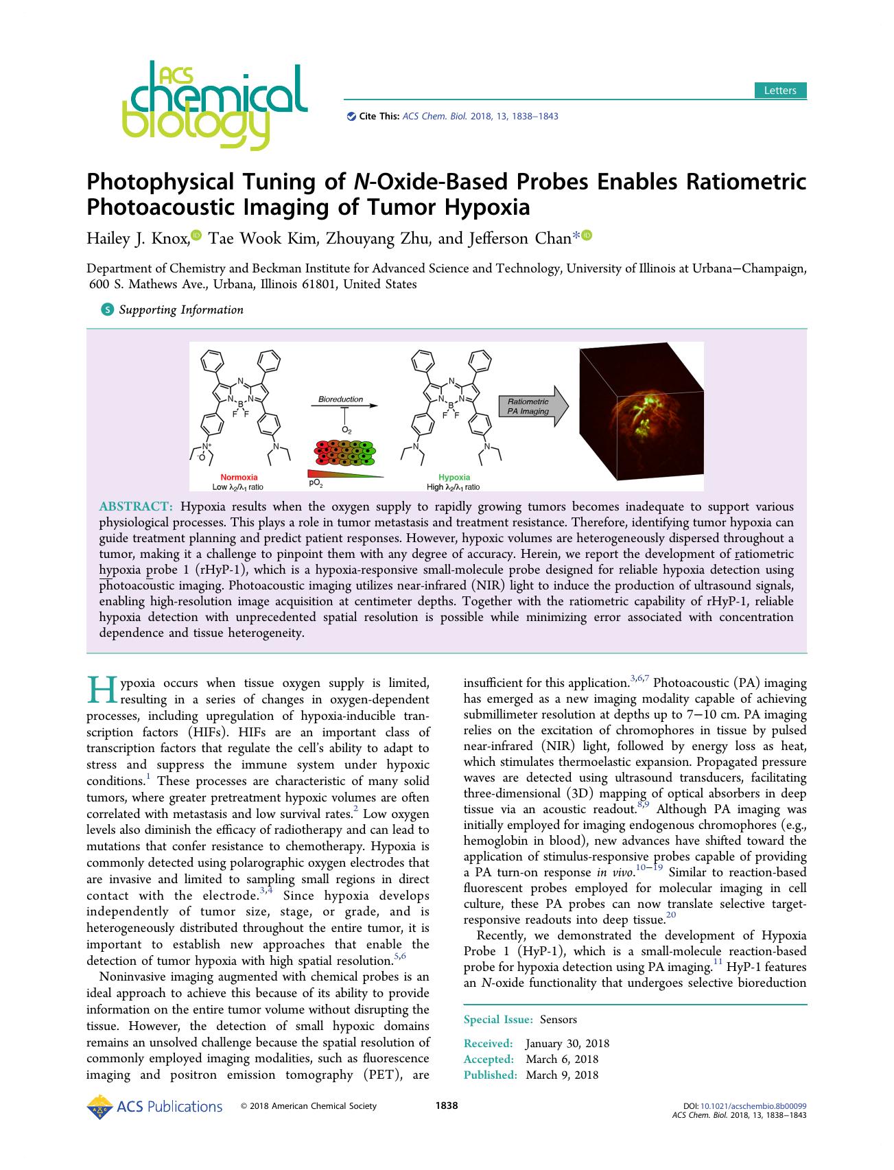 Photophysical Tuning of N-Oxide-Based Probes Enables Ratiometric Photoacoustic Imaging of Tumor Hypoxia by Hailey J. Knox Tae Wook Kim Zhouyang Zhu and Jefferson Chan