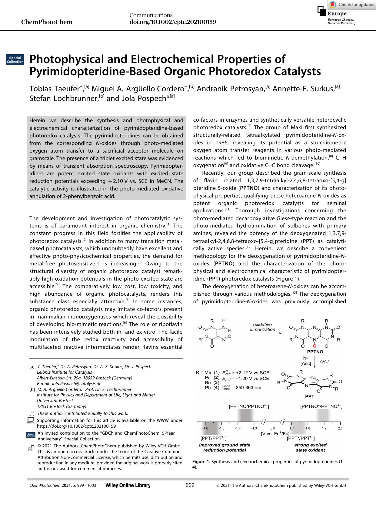 Photophysical and Electrochemical Properties of PyrimidopteridineâBased Organic Photoredox Catalysts by Unknown