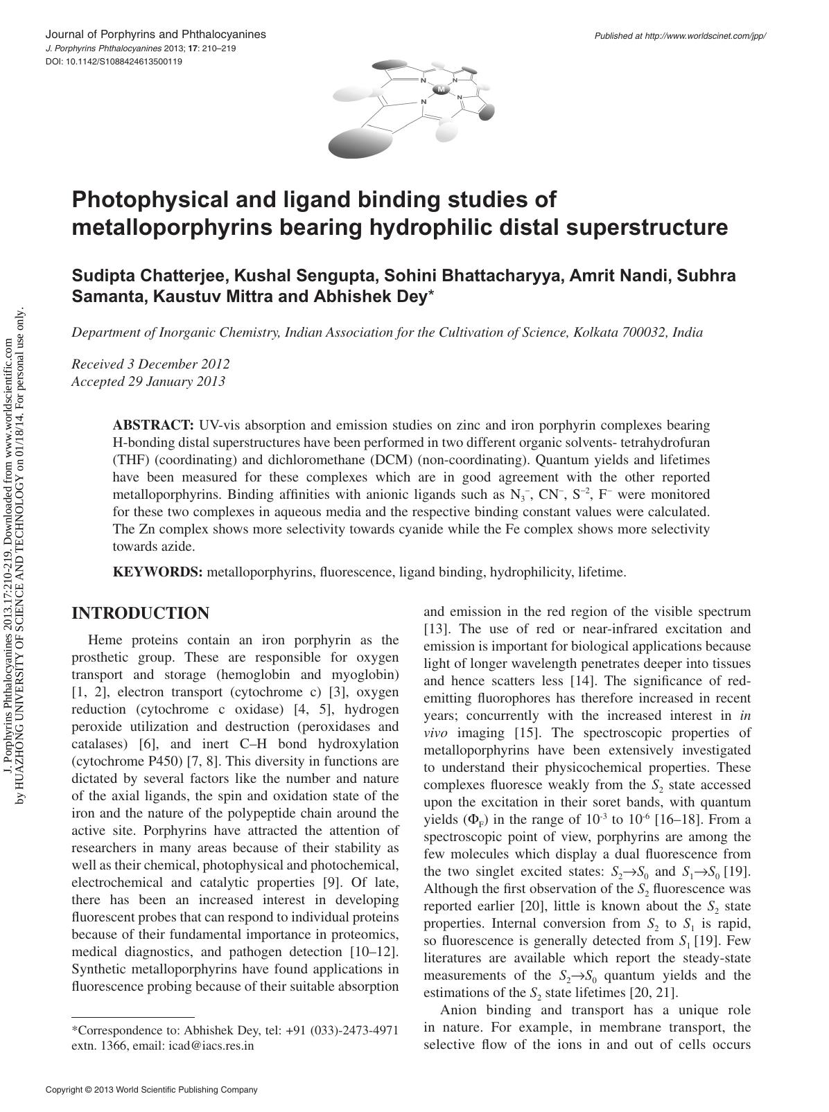 Photophysical and ligand binding studies of metalloporphyrins bearing hydrophilic distal superstructure by unknow