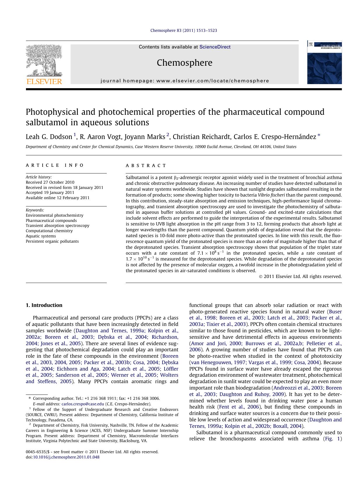 Photophysical and photochemical properties of the pharmaceutical compound salbutamol in aqueous solutions by Leah G. Dodson & R. Aaron Vogt & Joyann Marks & Christian Reichardt & Carlos E. Crespo-Hernández