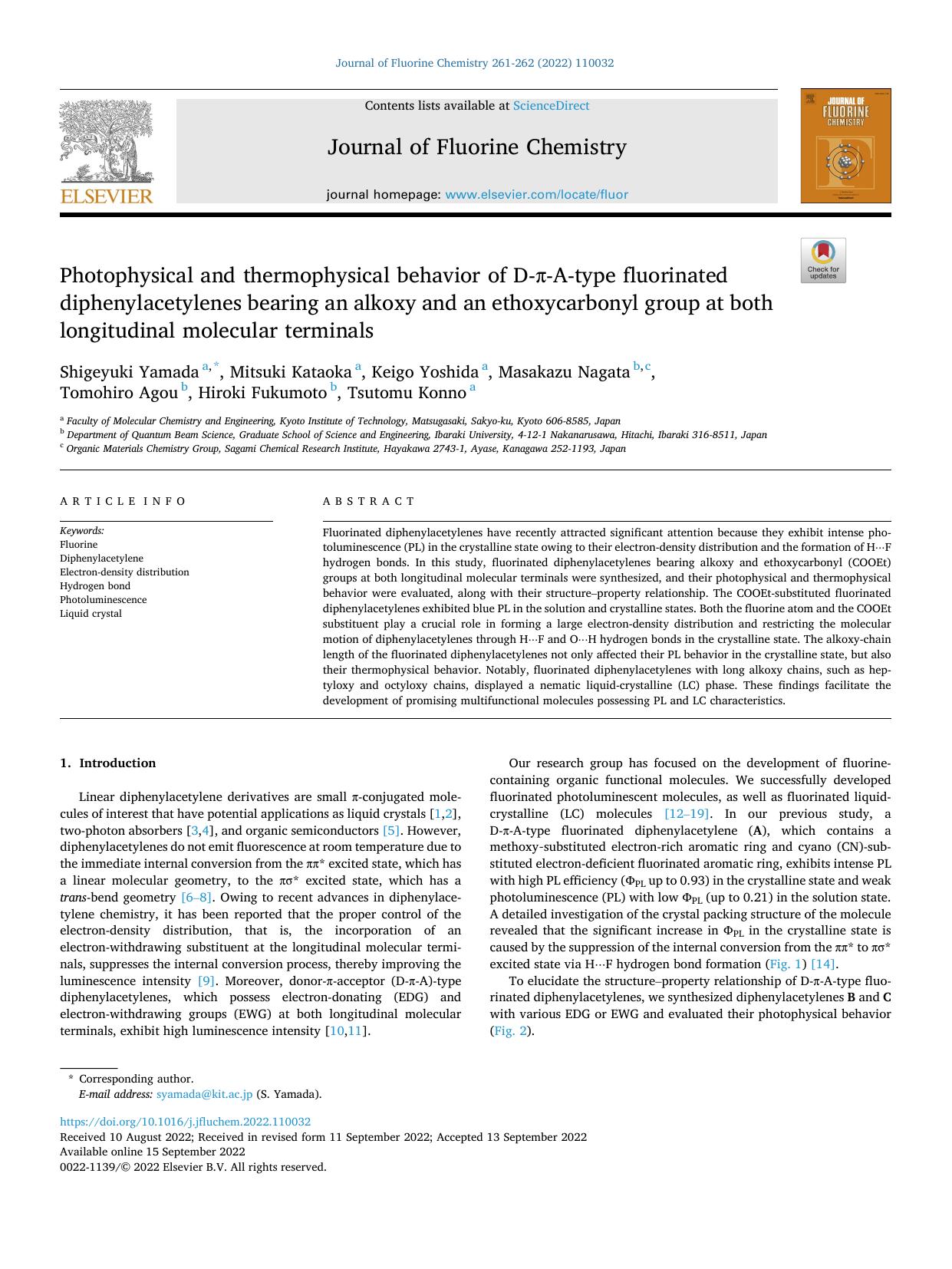 Photophysical and thermophysical behavior of D-Ã&#x80;-A-type fluorinated diphenylacetylenes bearing an alkoxy and an ethoxycarbonyl group at both longitudinal molecular terminals by unknow