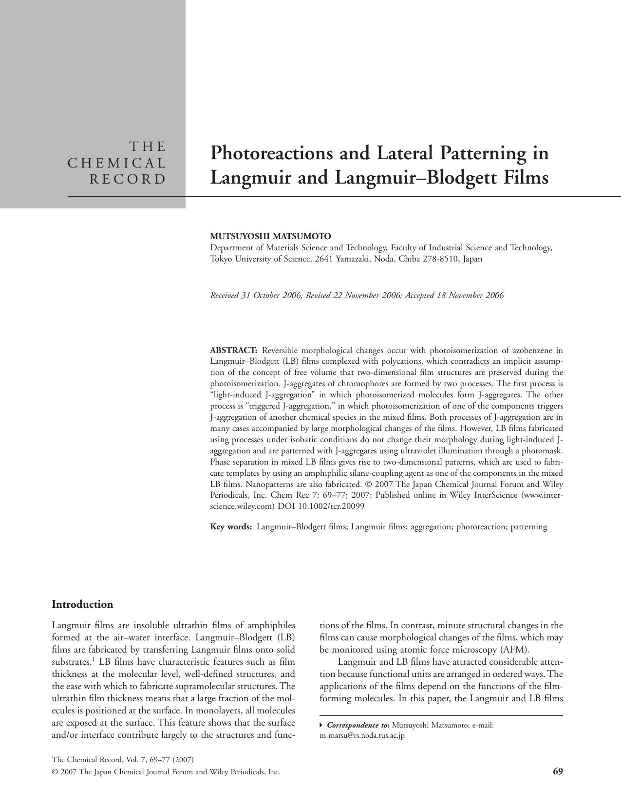 Photoreactions and lateral patterning in Langmuir and Langmuir-Blodgett films by Jene