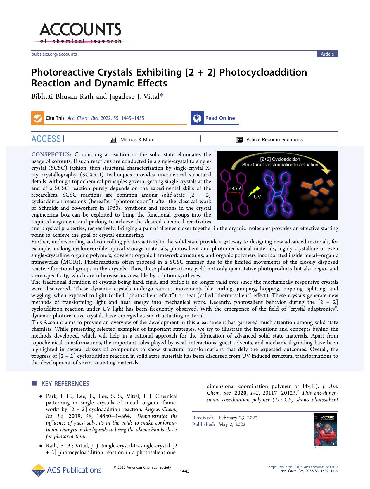 Photoreactive Crystals Exhibiting [2 + 2] Photocycloaddition Reaction and Dynamic Effects by Bibhuti Bhusan Rath and Jagadese J. Vittal