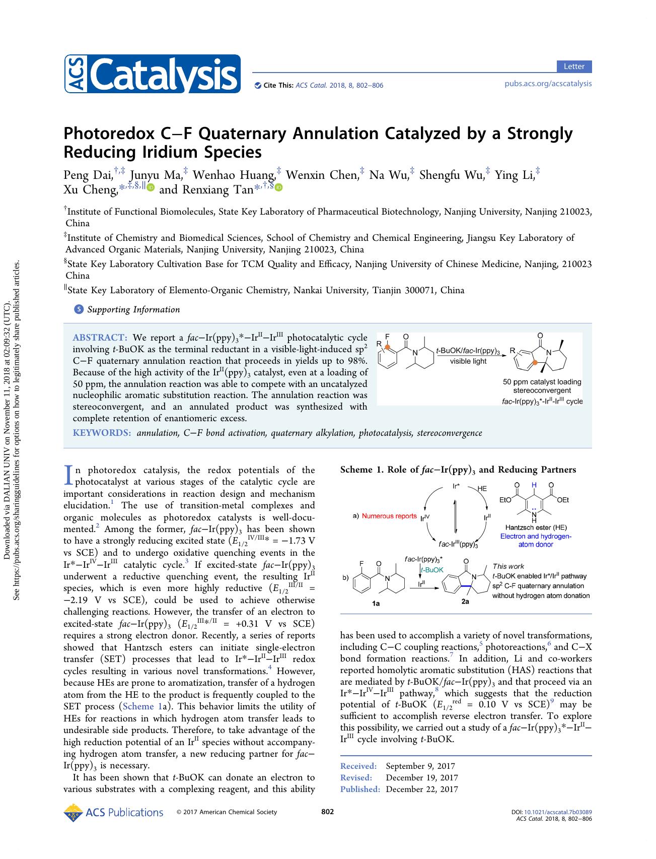 Photoredox CâF Quaternary Annulation Catalyzed by a Strongly Reducing Iridium Species by Peng Dai Junyu Ma Wenhao Huang Wenxin Chen Na Wu Shengfu Wu Ying Li Xu Cheng & Renxiang Tan