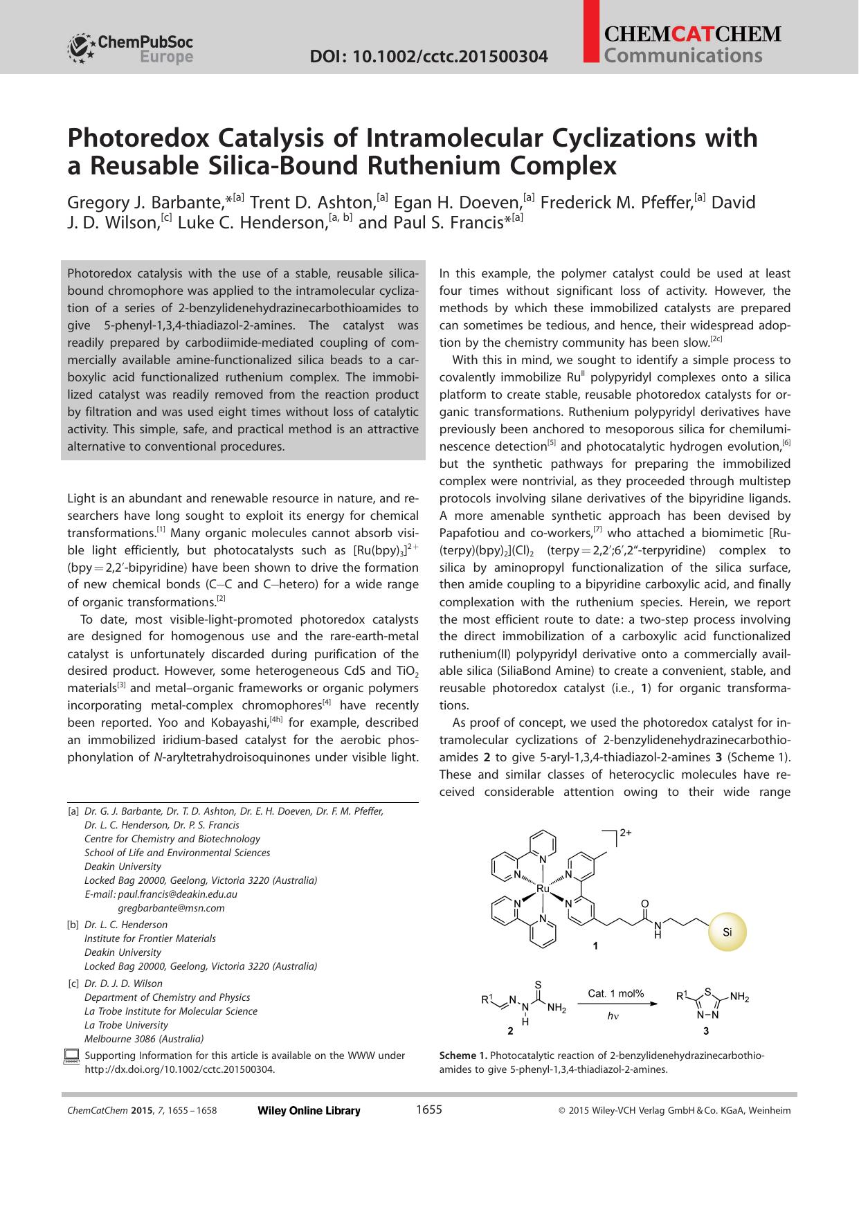 Photoredox Catalysis of Intramolecular Cyclizations with a Reusable SilicaBound Ruthenium Complex by Unknown