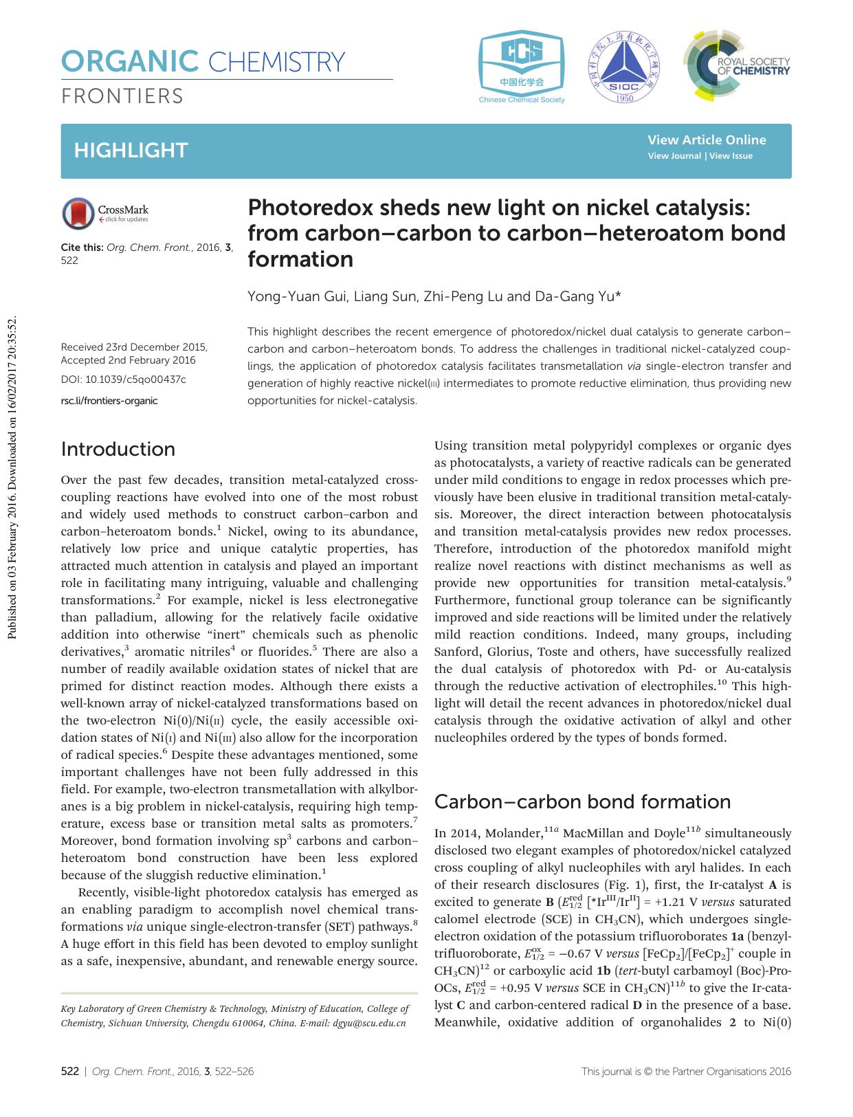 Photoredox sheds new light on nickel catalysis: from carbonâcarbon to carbonâheteroatom bond formation by Yong-Yuan Gui Liang Sun Zhi-Peng Lu Da-Gang Yu