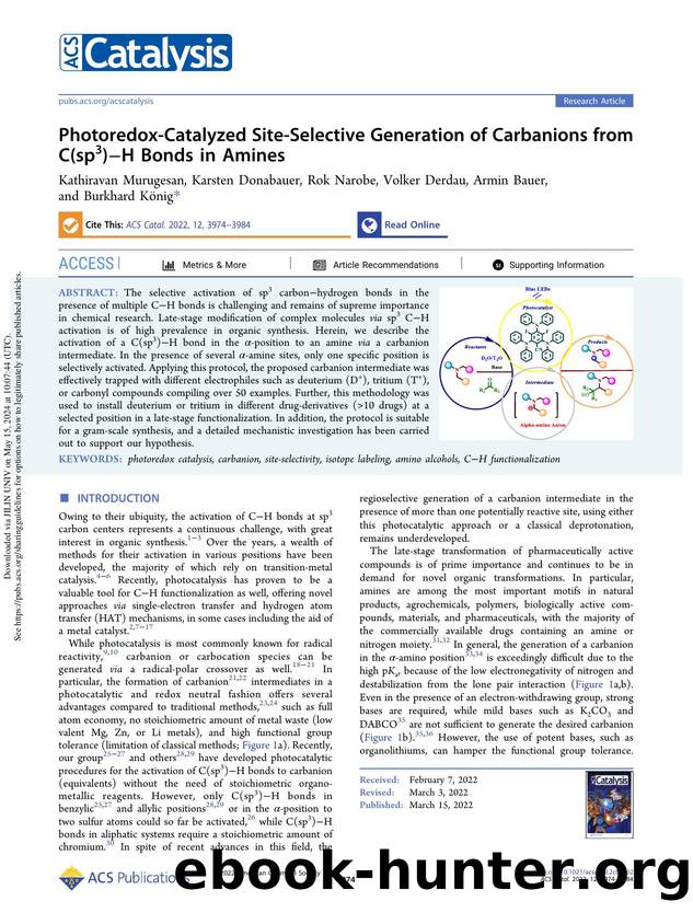 Photoredox-Catalyzed Site-Selective Generation of Carbanions from C(sp3)âH Bonds in Amines by Kathiravan Murugesan Karsten Donabauer Rok Narobe Volker Derdau Armin Bauer & Burkhard König