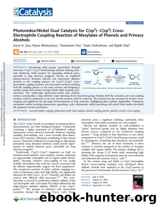 PhotoredoxNickel Dual Catalysis for C(sp2)âC(sp3) Cross-Electrophile Coupling Reaction of Mesylates of Phenols and Primary Alcohols by Sayan K. Jana Rayan Bhattacharya Purusattam Dey Sunit Chakraborty & Biplab Maji