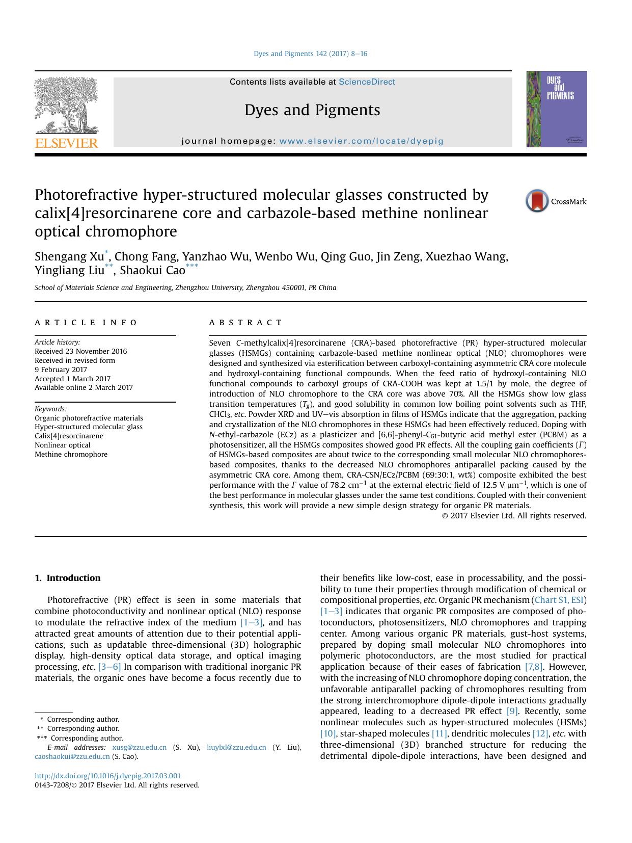Photorefractive hyper-structured molecular glasses constructed by calix[4]resorcinarene core and carbazole-based methine nonlinear optical chromophore by unknow