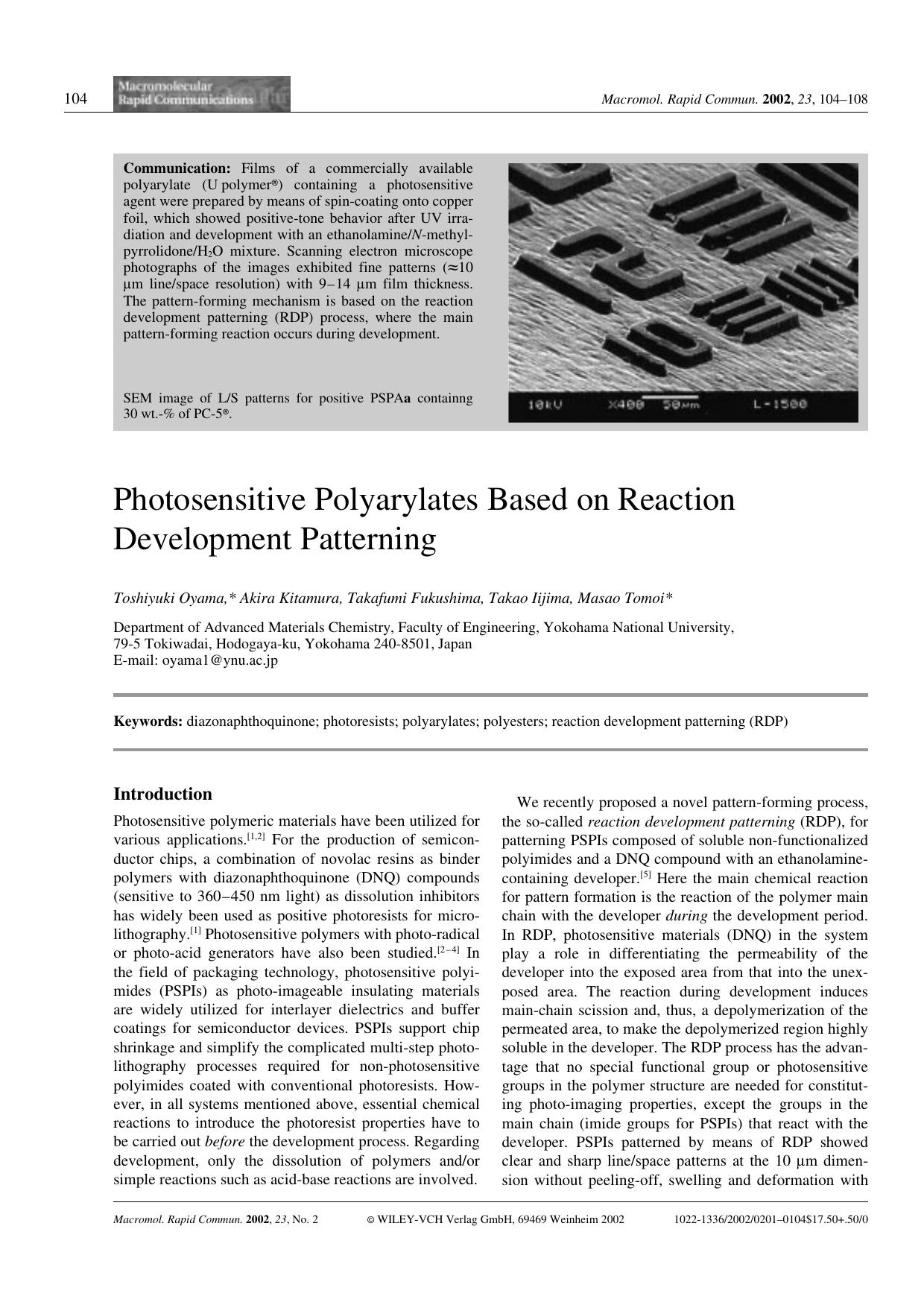 Photosensitive Polyarylates Based on Reaction Development Patterning by Unknown