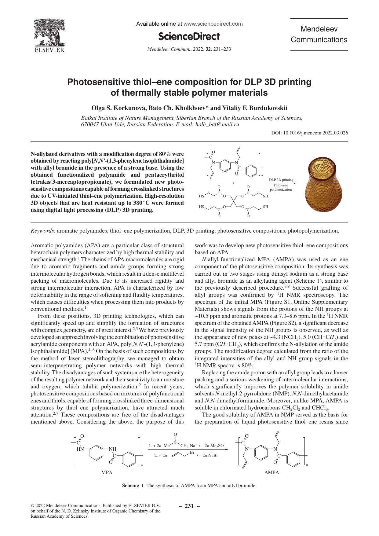 Photosensitive thiolâene composition for DLP 3D printing of thermally stable polymer materials by Olga S. Korkunova & Bato Ch. Kholkhoev & Vitaliy F. Burdukovskii