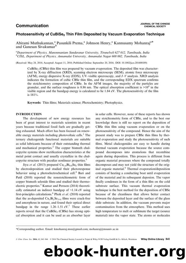 Photosensitivity of CuBiSe2 Thin Film Deposited by Vacuum Evaporation Technique by Unknown