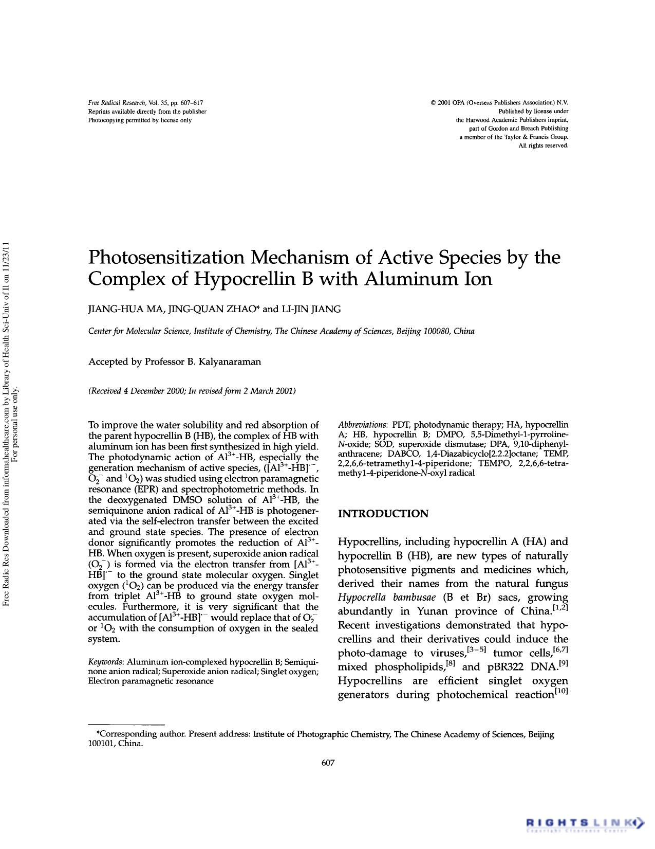 Photosensitization mechanism of active species by the complex of hypocrellin B with aluminum ion by Jiang-Hua Ma Jing-Quan Zhao & Li-Jin Jiang