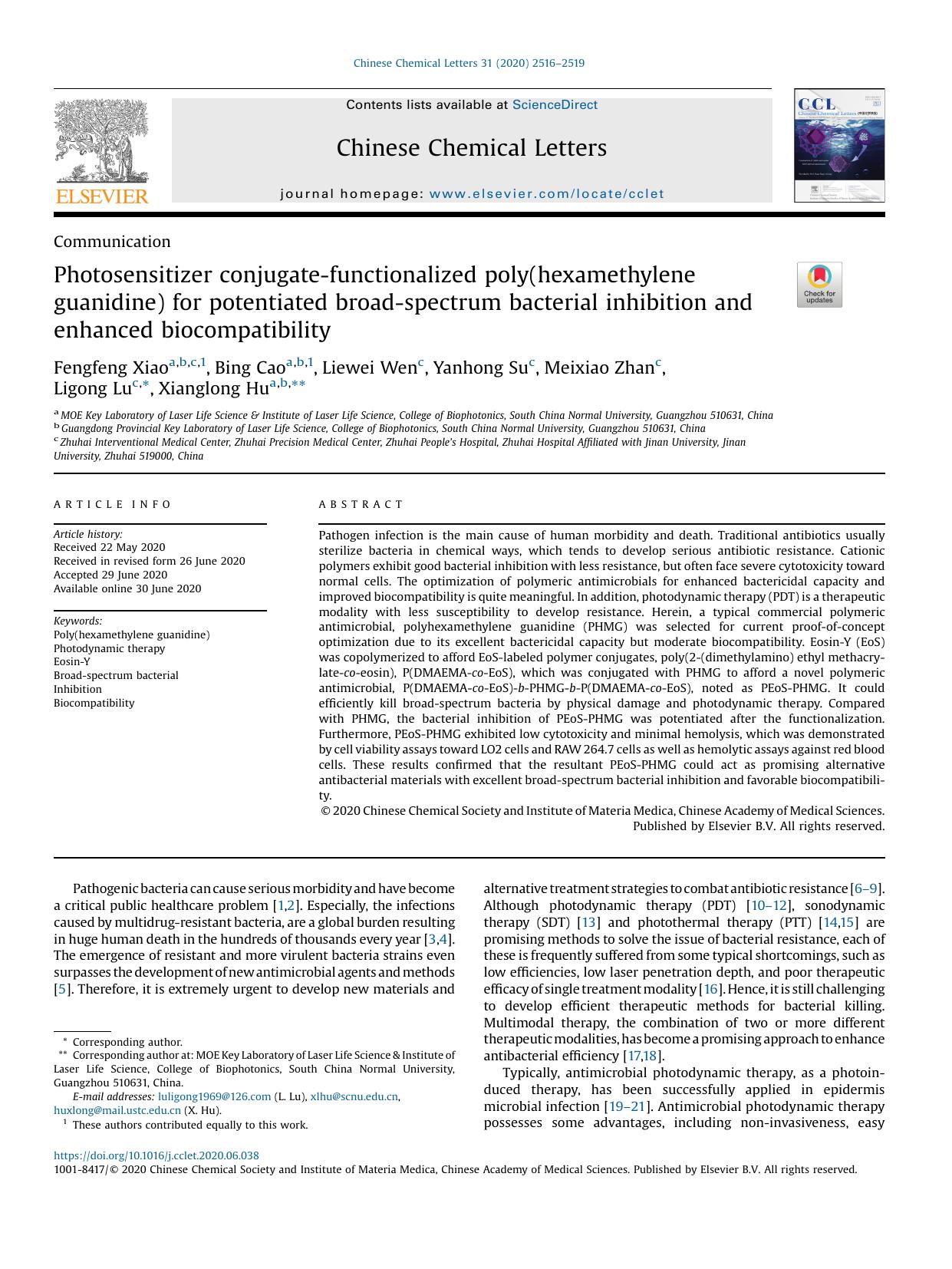 Photosensitizer conjugate-functionalized poly(hexamethylene guanidine) for potentiated broad-spectrum bacterial inhibition and enhanced biocompatibility by Fengfeng Xiao & Bing Cao & Liewei Wen & Yanhong Su & Meixiao Zhan & Ligong Lu & Xianglong Hu