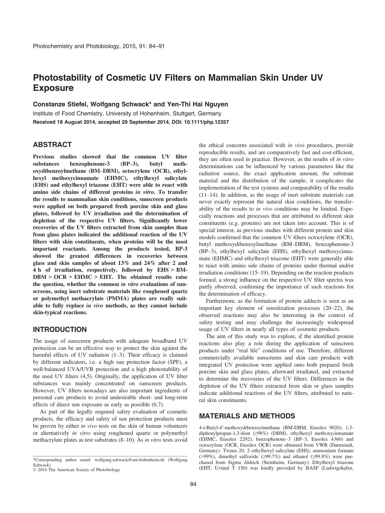 Photostability of Cosmetic UV Filters on Mammalian Skin Under UV Exposure by Unknown