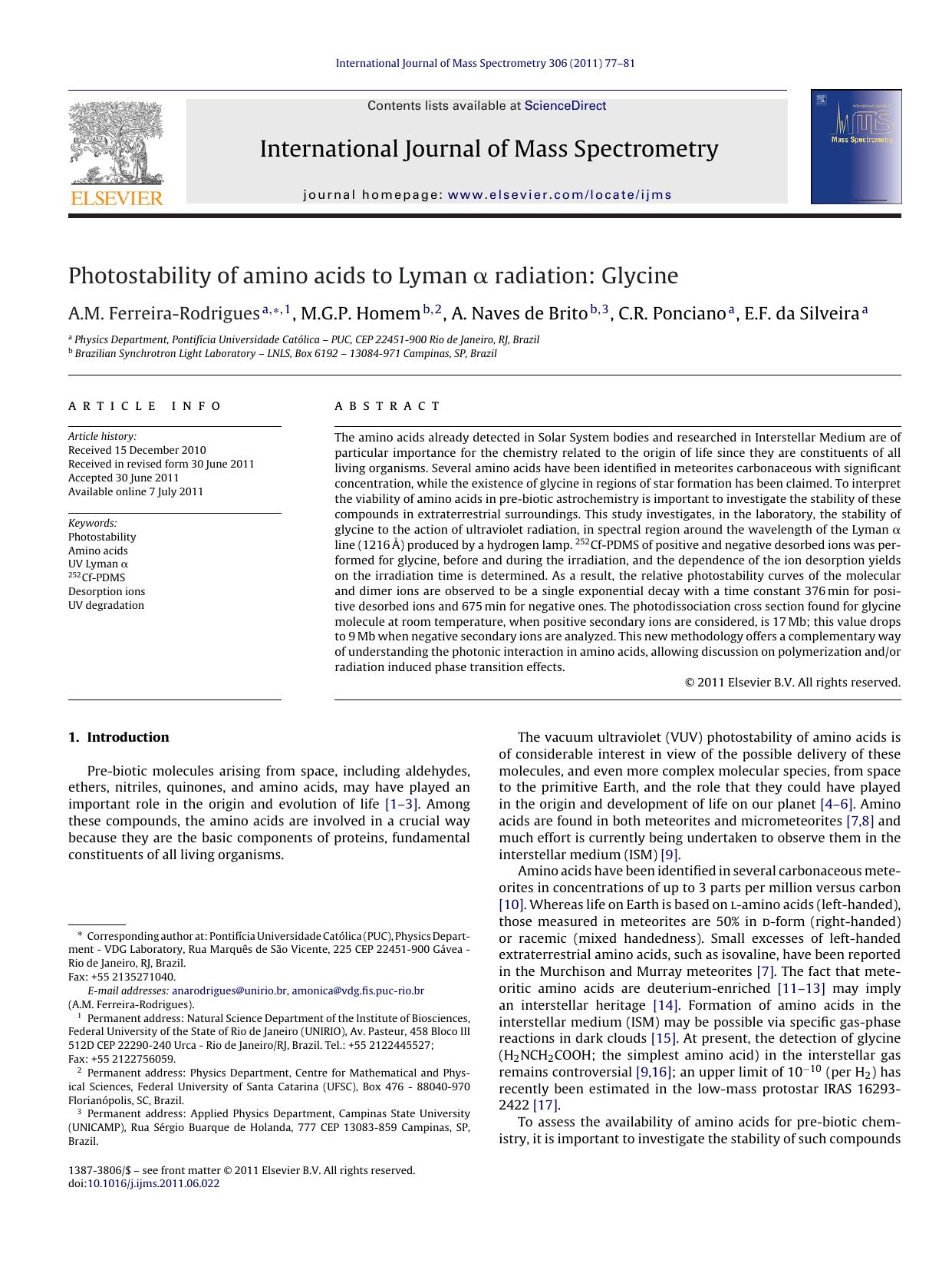 Photostability of amino acids to Lyman ÃÂ± radiation: Glycine by A.M. Ferreira-Rodrigues