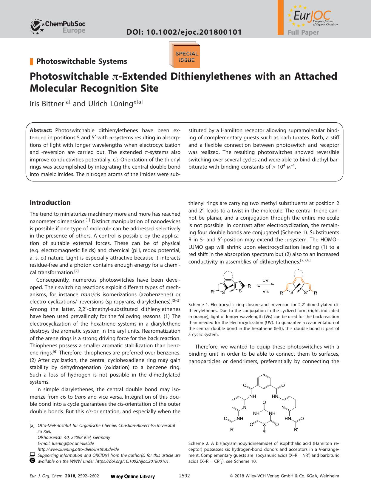Photoswitchable &#x003C0;&#x02010;Extended Dithienylethenes with an Attached Molecular Recognition Site by Unknown