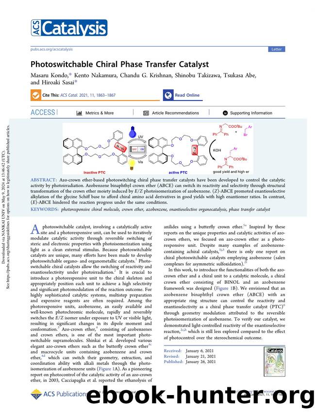 Photoswitchable Chiral Phase Transfer Catalyst by Masaru Kondo Kento Nakamura Chandu G. Krishnan Shinobu Takizawa Tsukasa Abe & Hiroaki Sasai