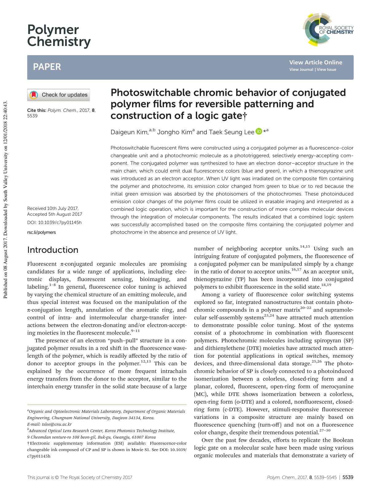 Photoswitchable chromic behavior of conjugated polymer films for reversible patterning and construction of a logic gate by Daigeun Kim Jongho Kim Taek Seung Lee
