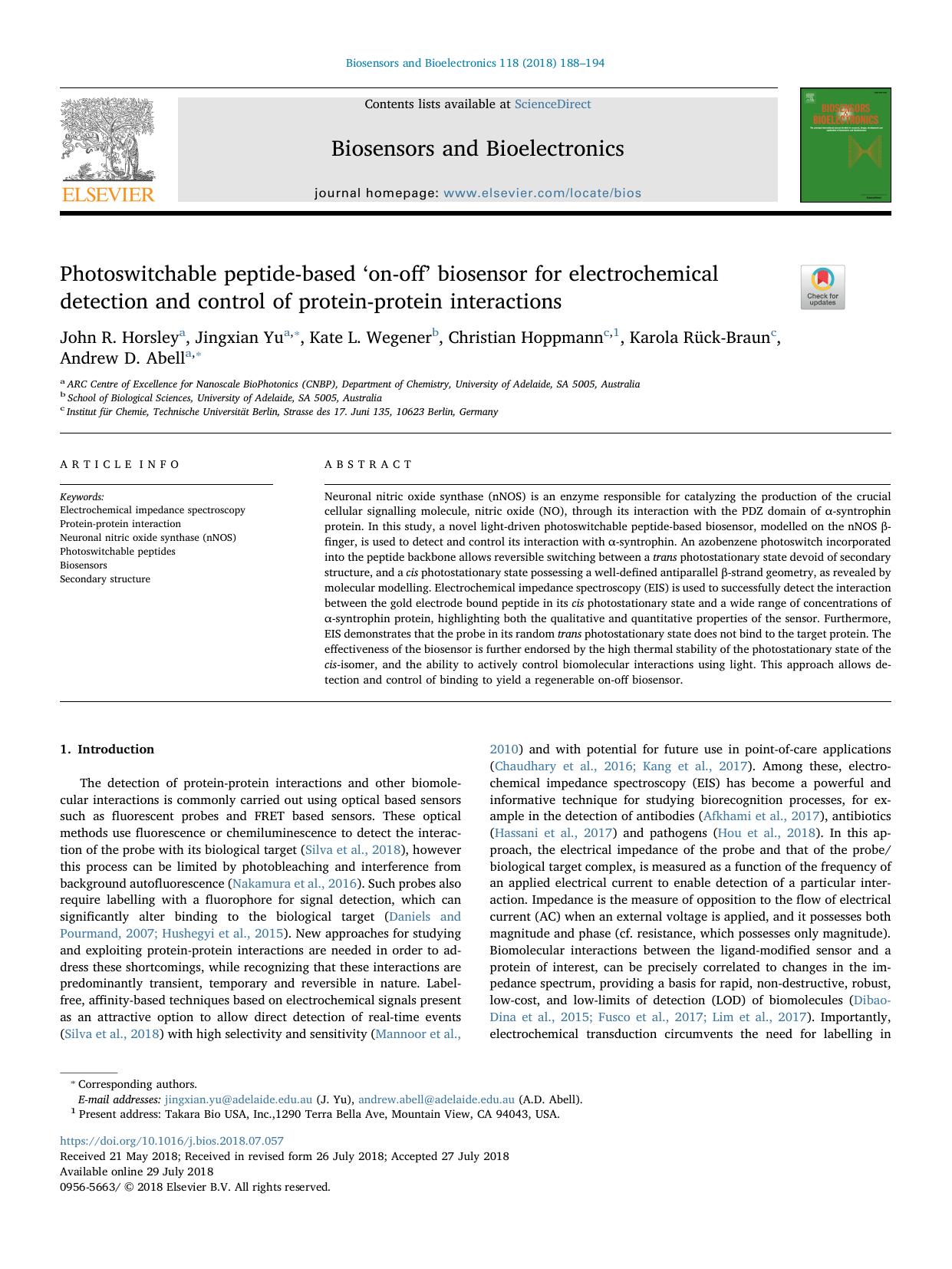 Photoswitchable peptide-based âon-offâ biosensor for electrochemical detection and control of protein-protein interactions by unknow