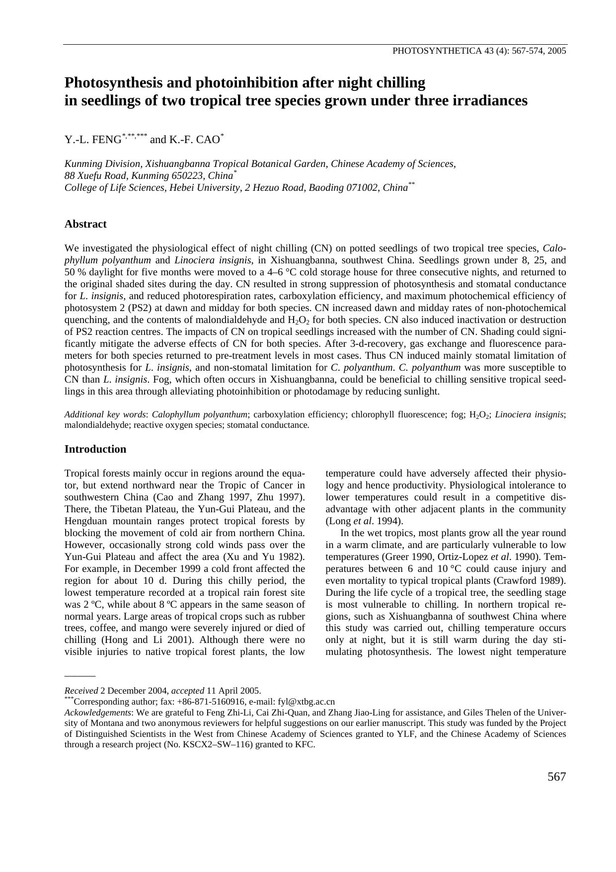 Photosynthesis and photoinhibition after night chilling in seedlings of two tropical tree species grown under three irradiances by Unknown