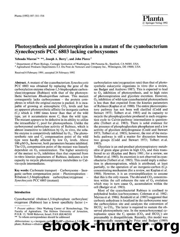 Photosynthesis and photorespiration in a mutant of the cyanobacterium <Emphasis Type="Italic">Synechocystis<Emphasis> PCC 6803 lacking carboxysomes by Unknown