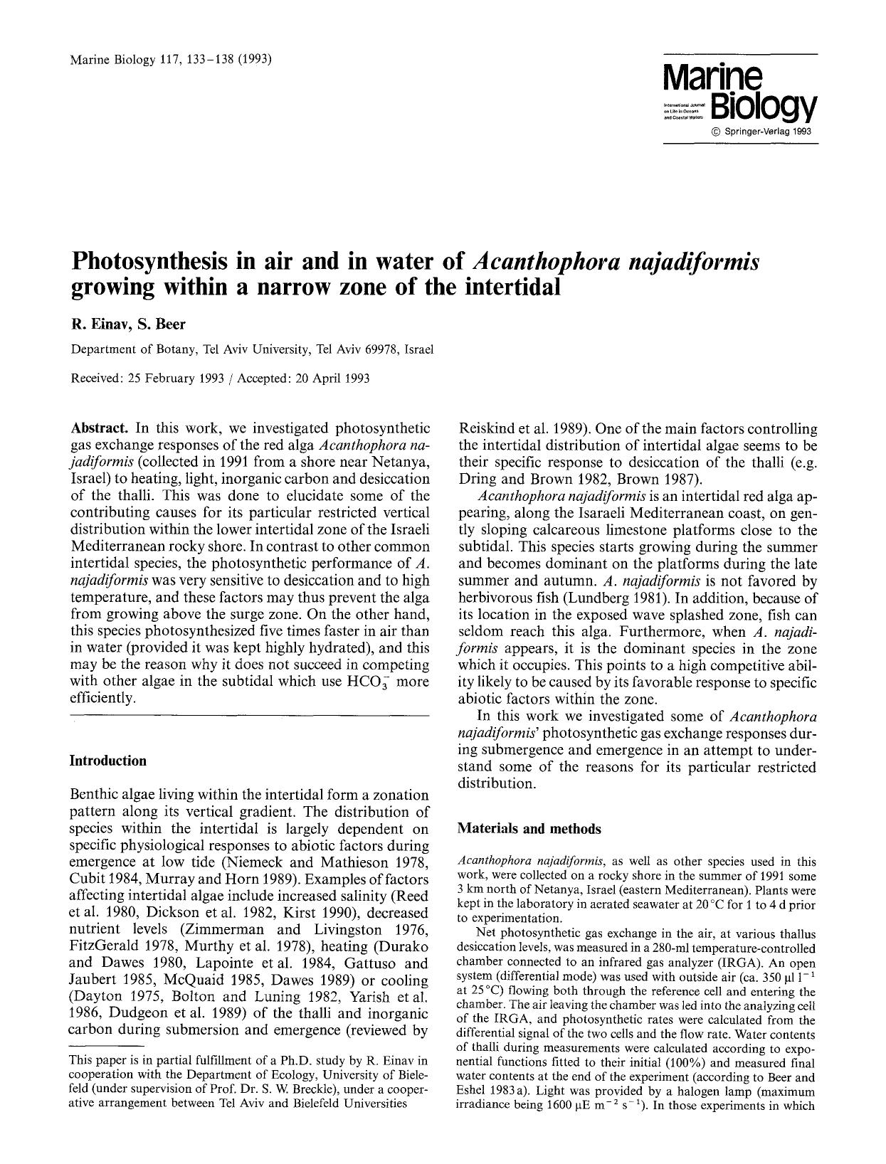 Photosynthesis in air and in water of <Emphasis Type="Italic">Acanthophora najadiformis<Emphasis> growing within a narrow zone of the intertidal by Unknown