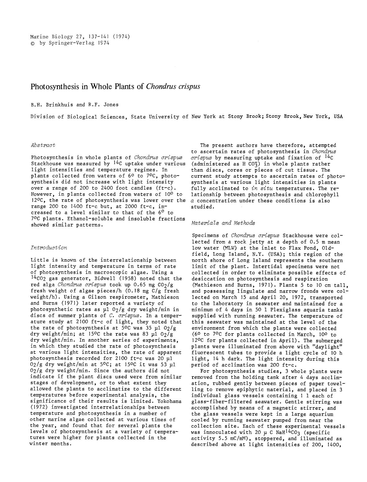 Photosynthesis in whole plants of <Emphasis Type="Italic">Chondrus crispus<Emphasis> by Unknown