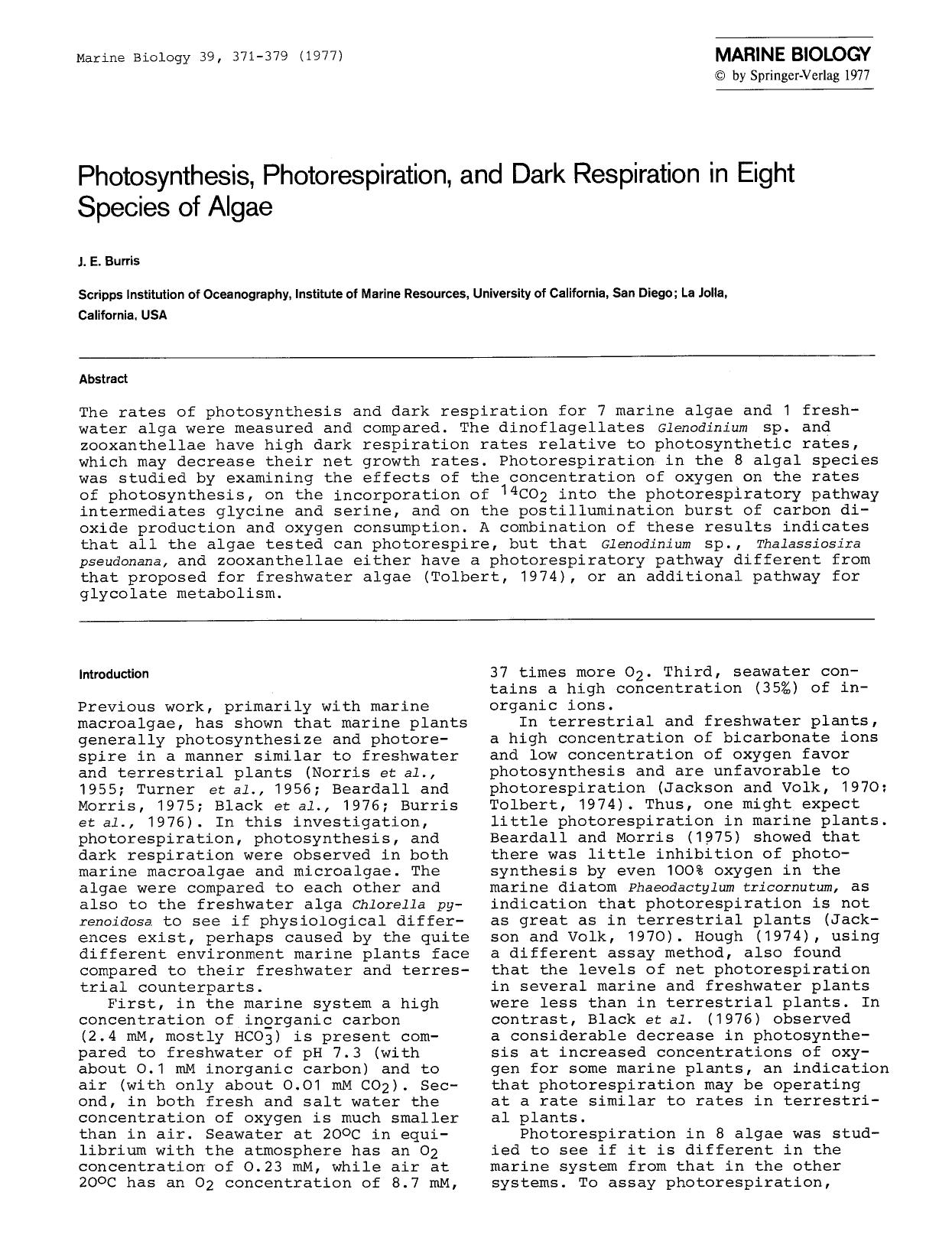 Photosynthesis, photorespiration, and dark respiration in eight species of algae by Unknown