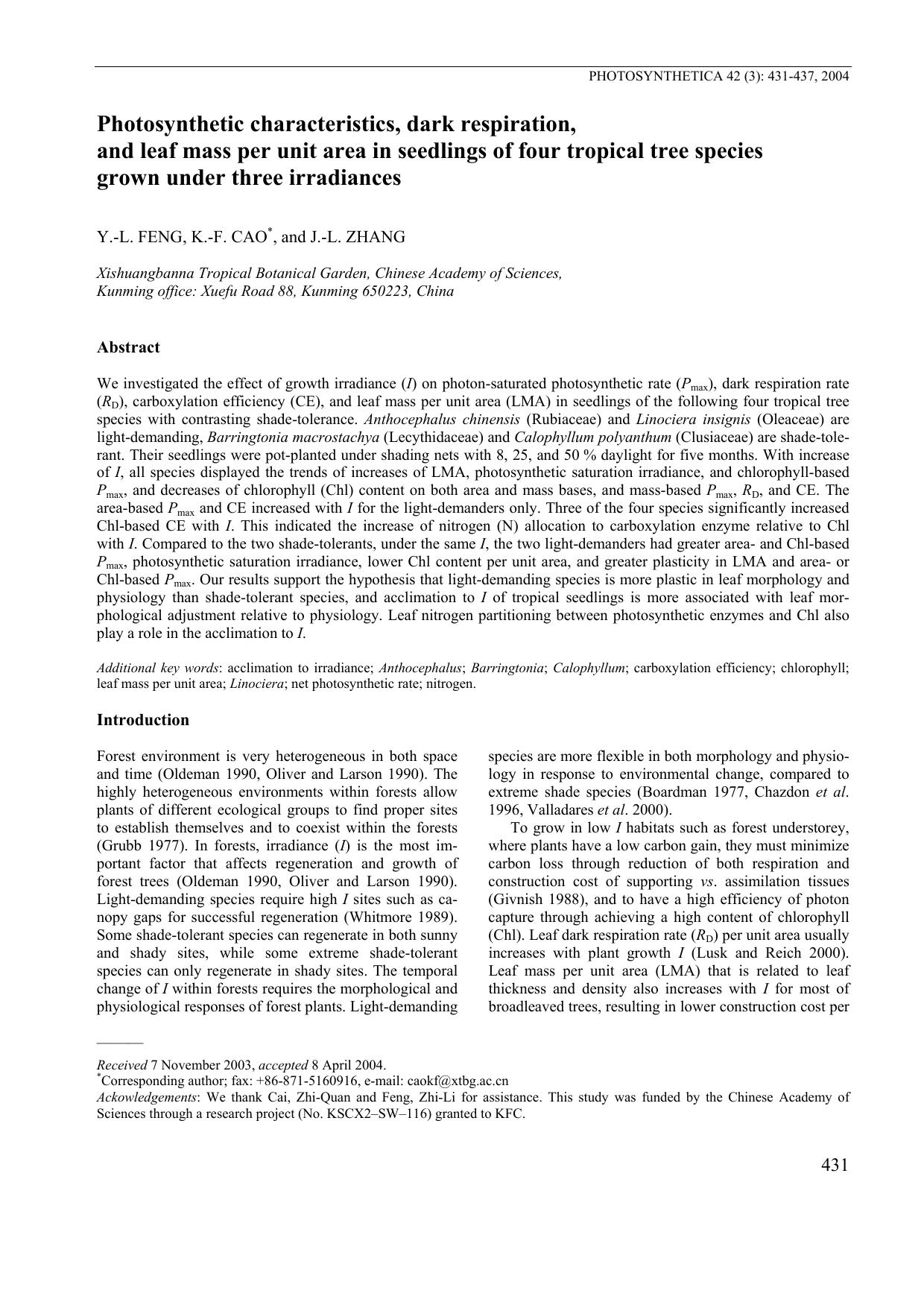 Photosynthetic Characteristics, Dark Respiration, and Leaf Mass Per Unit Area in Seedlings of Four Tropical Tree Species Grown Under Three Irradiances by Unknown