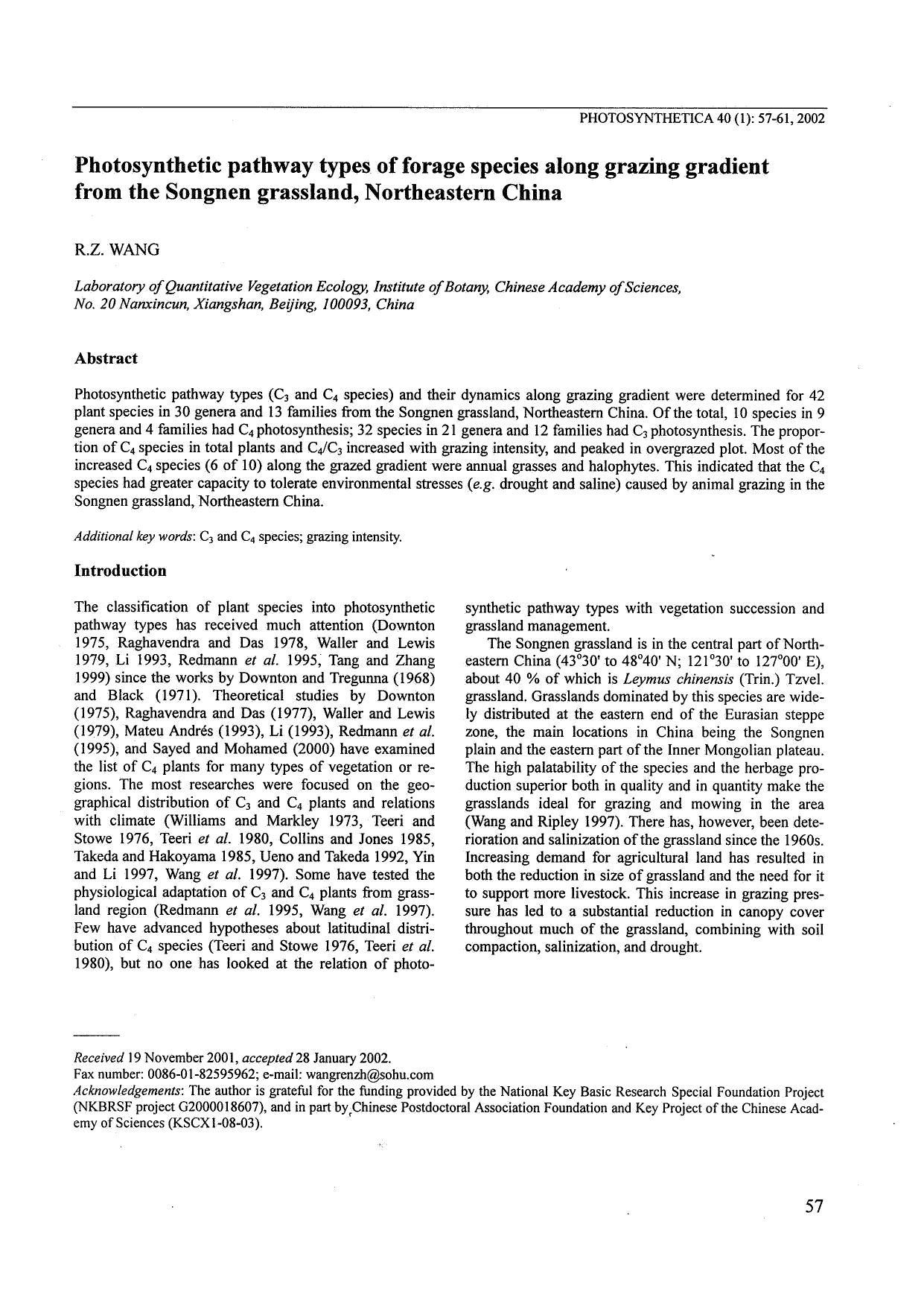 Photosynthetic Pathway Types of Forage Species Along Grazing Gradient from the Songnen Grassland, Northeastern China by Unknown