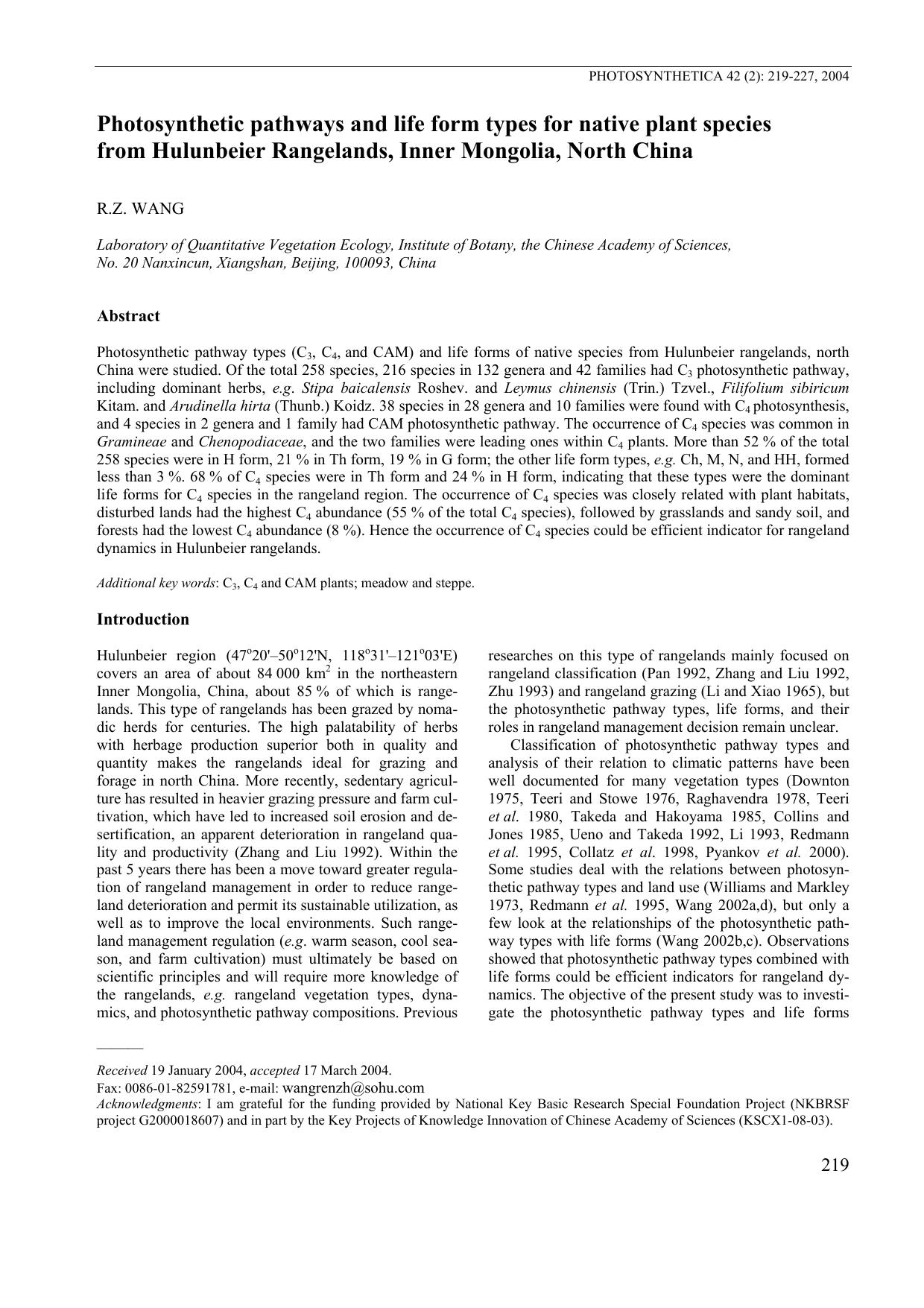 Photosynthetic Pathways and Life Form Types for Native Plant Species from Hulunbeier Rangelands, Inner Mongolia, North China by Unknown